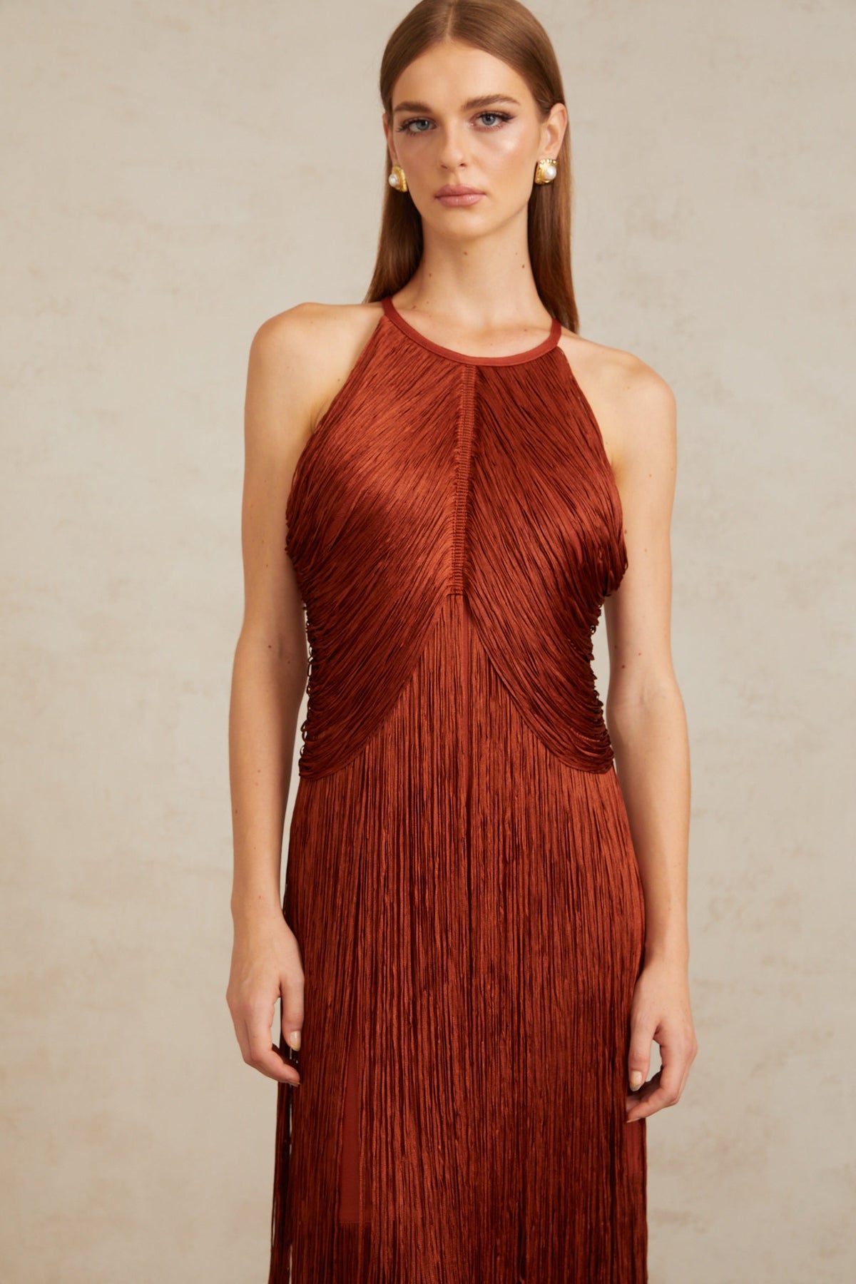 Mélisande Rusty Red Halterneck Fringed Maxi Gown