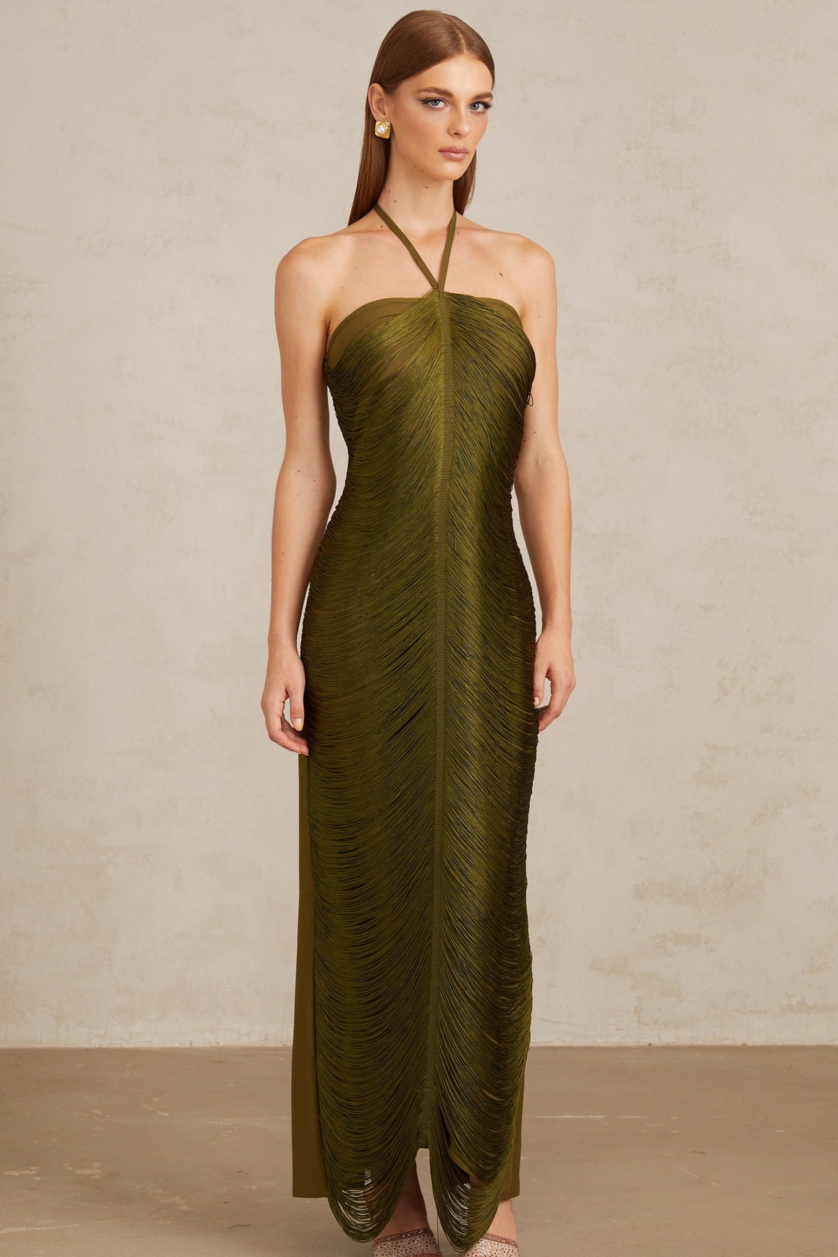 Polliana Olive Green Fringed Corset Maxi Gown