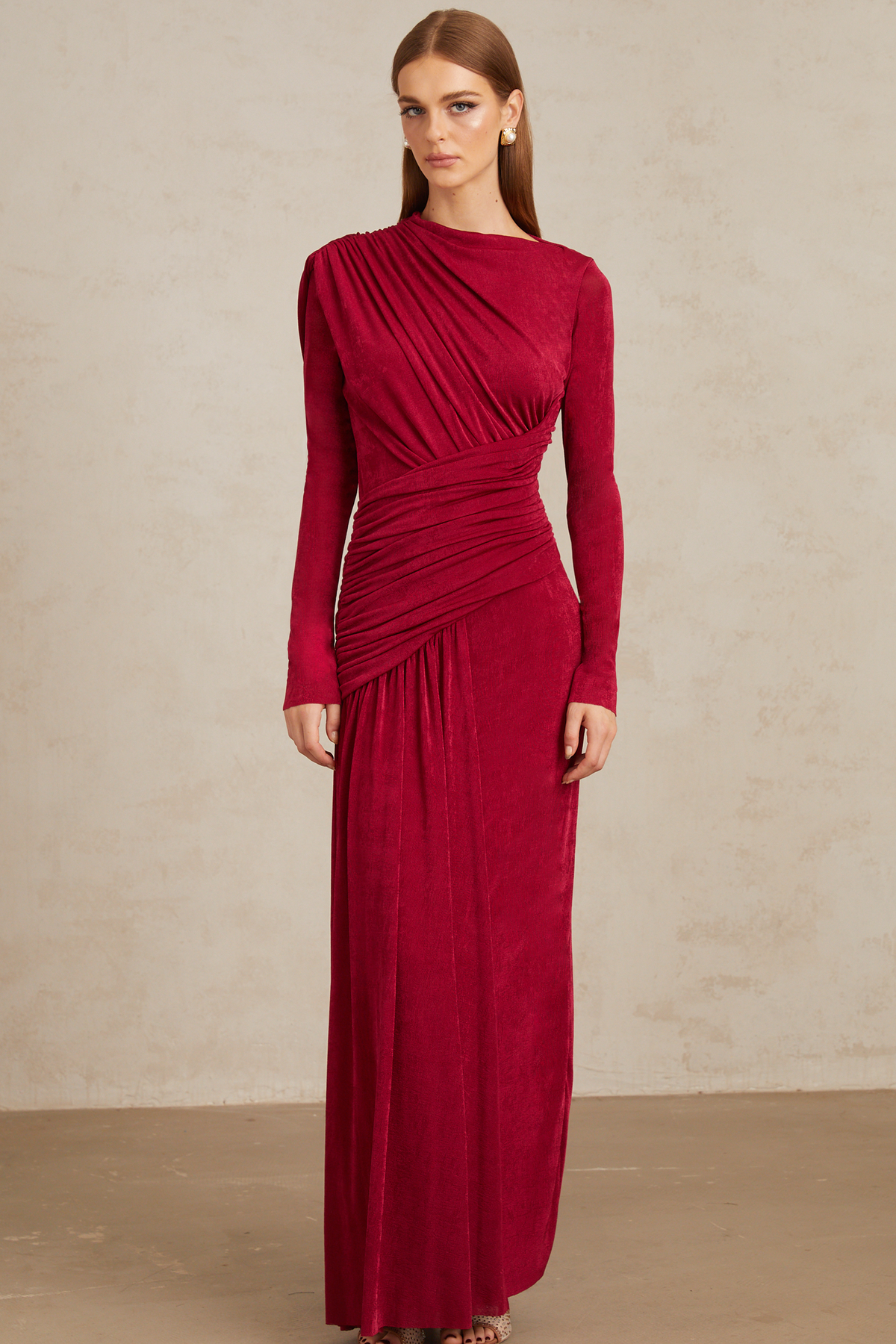 Charme Red Ruched Maxi Dress