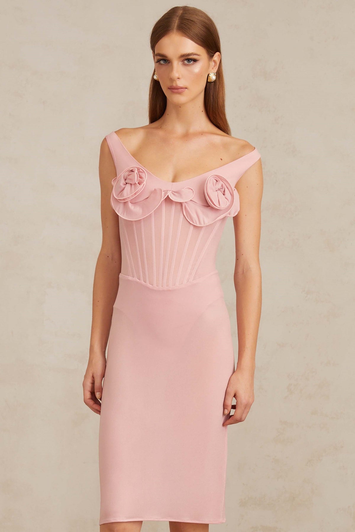 Aada Pink Fitted 3D Petal Midi Dress (Final Sale-US Only)