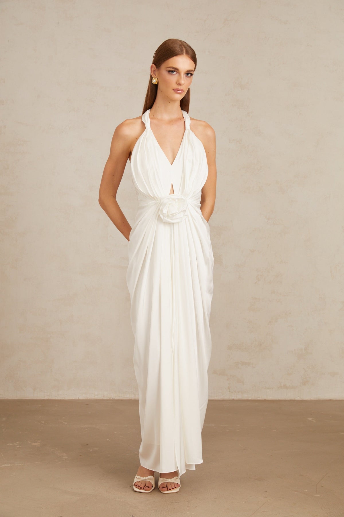 Anais White Gathered Floral Appliqué Maxi Gown