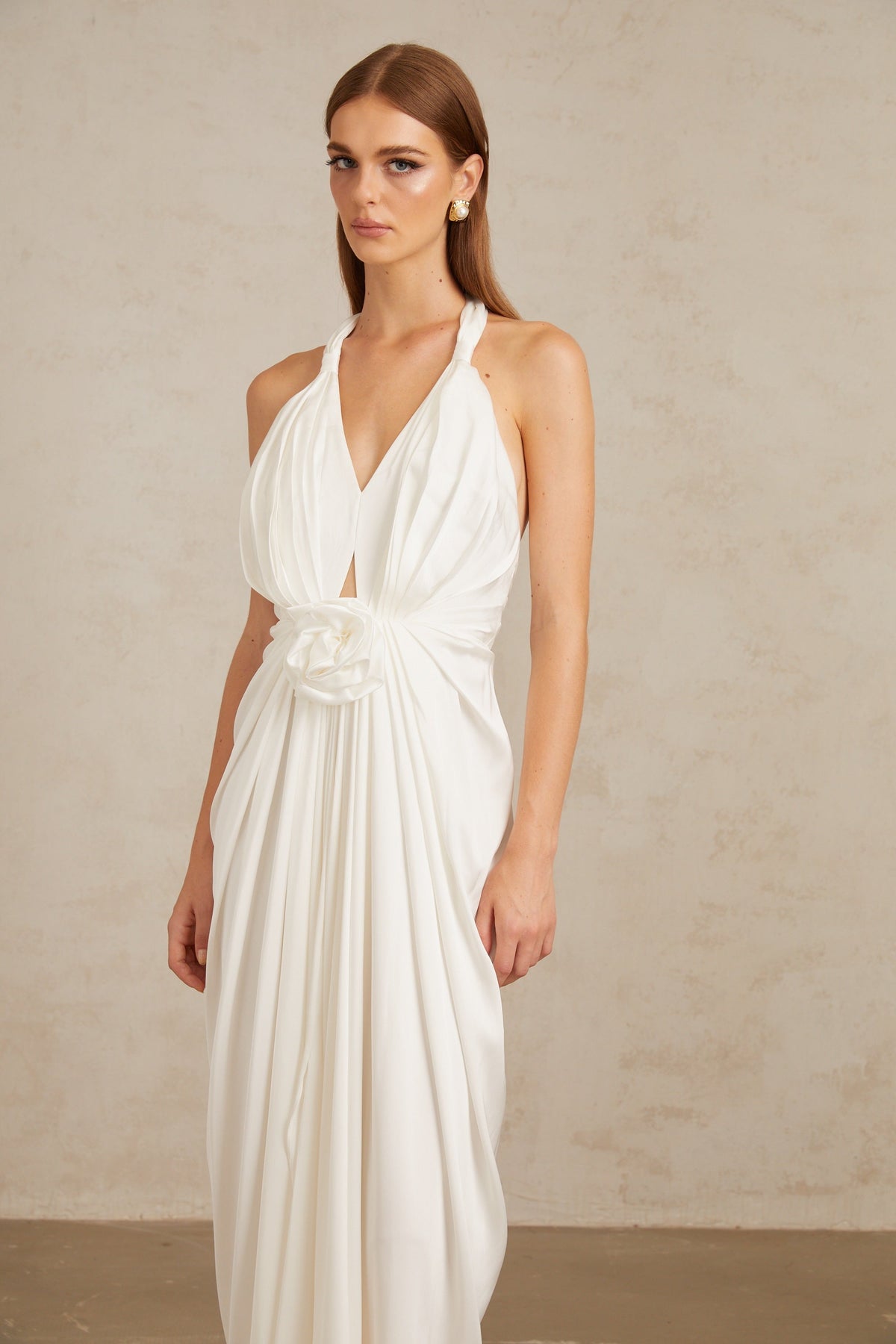 Anais White Gathered Floral Appliqué Maxi Gown