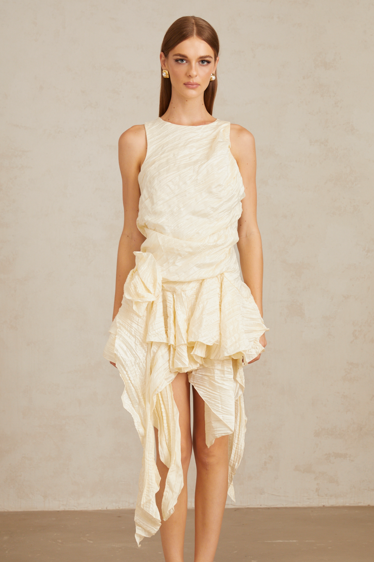 Helka Neutral Creased Asymmetrical Floral Mini Dress