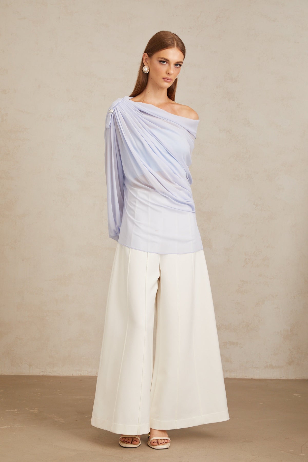 Léonie Blue Crystal Embellished Bowknot Chiffon Blouse