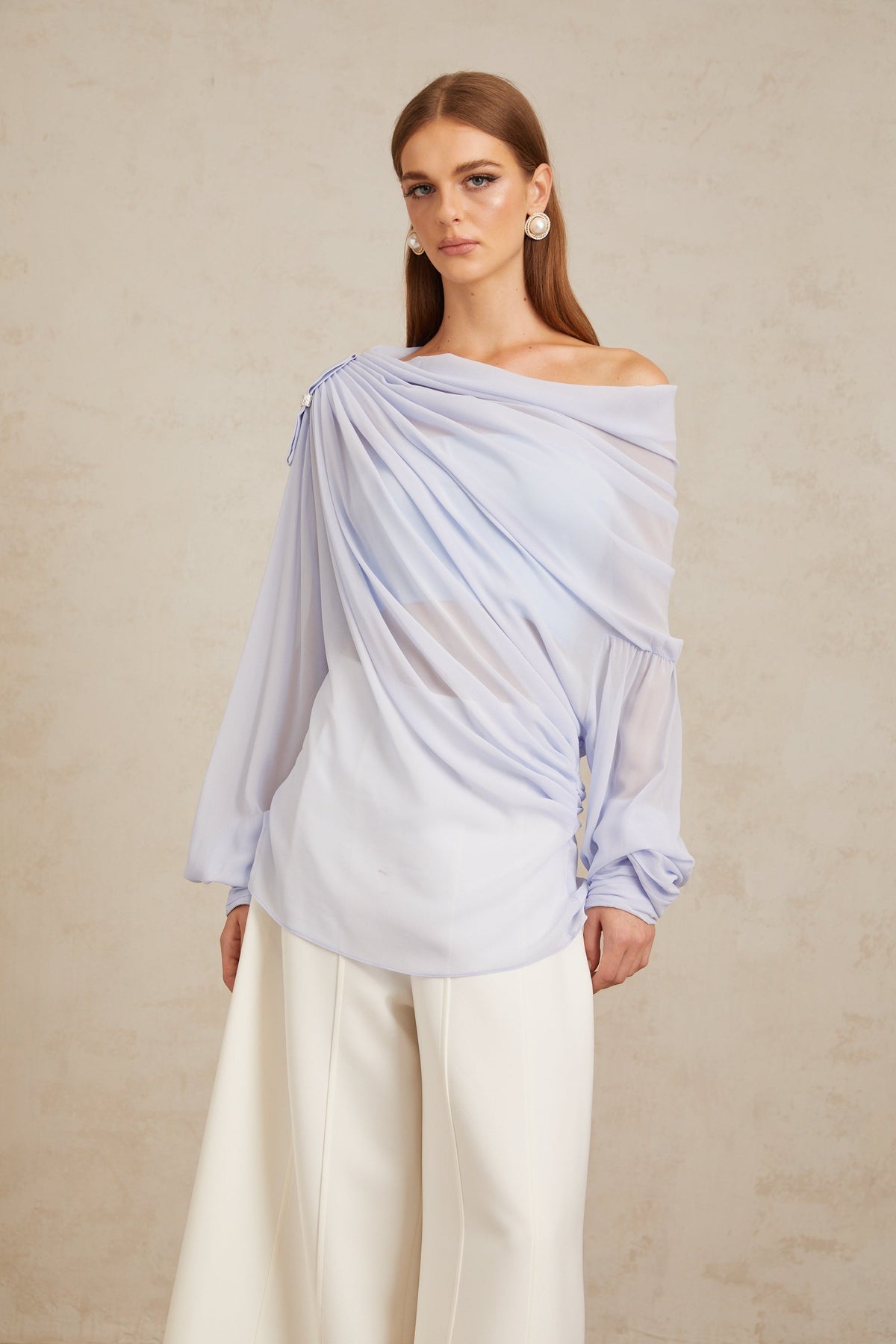 Léonie Blue Crystal Embellished Bowknot Chiffon Blouse