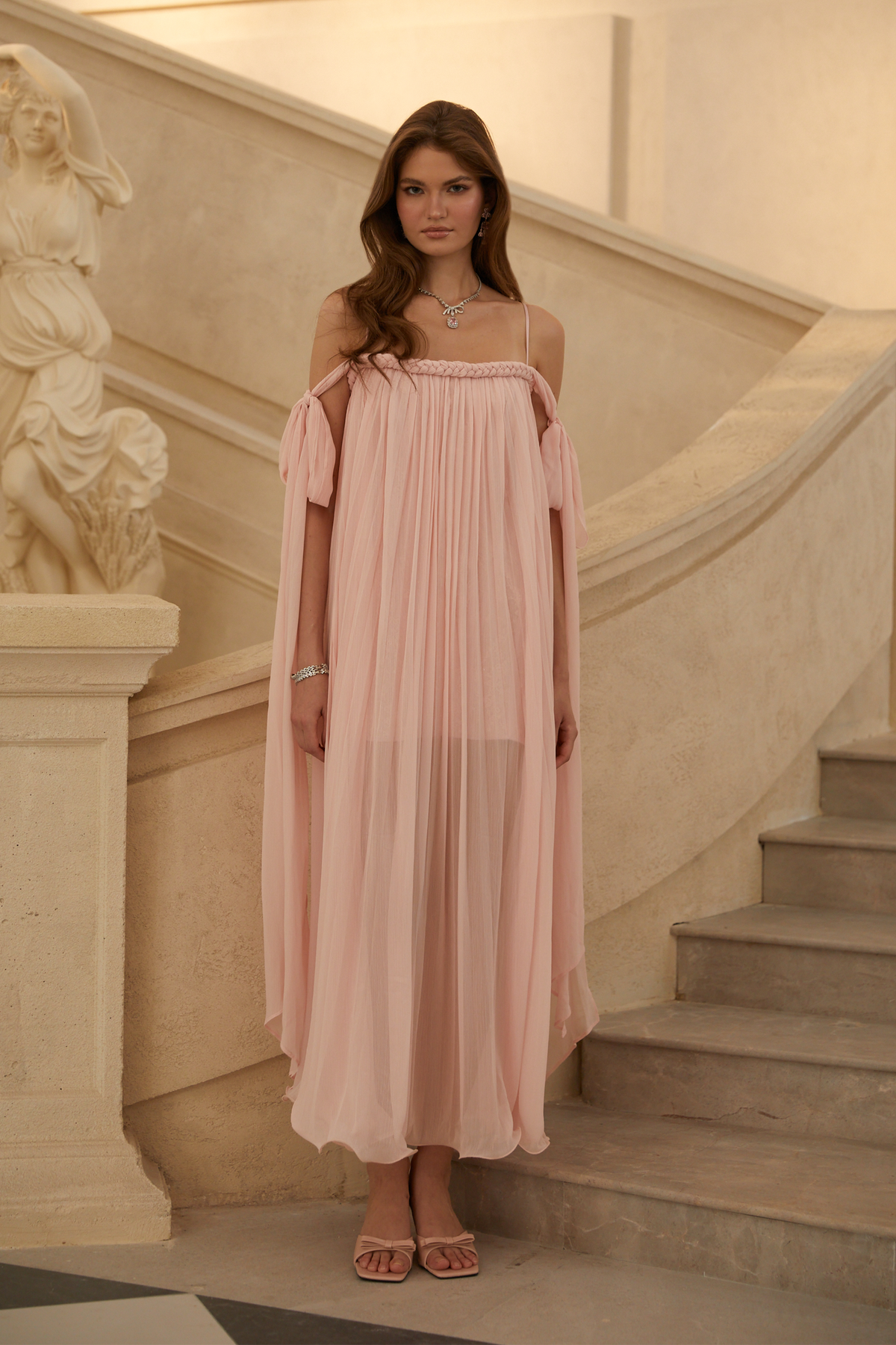 Agathe Pink Braid Detail Pleated Maxi Dress (Final Sale)