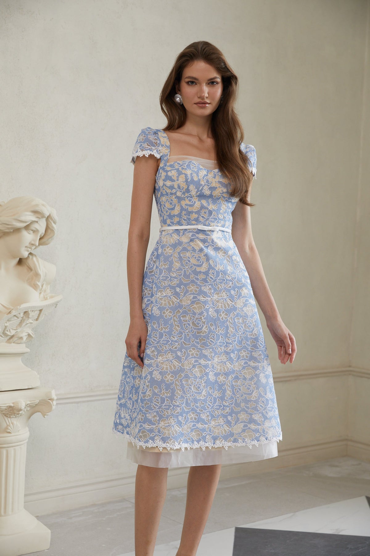 Gaëlle Blue Floral Embroidered Midi Dress (Final Sale-US Only)