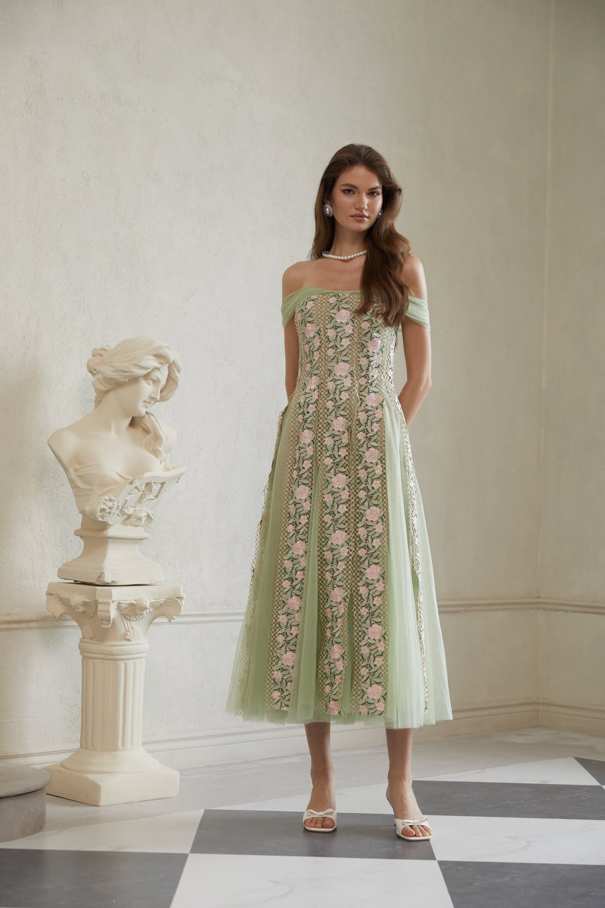 Eleni Green Tulle Panel Floral Midi Dress