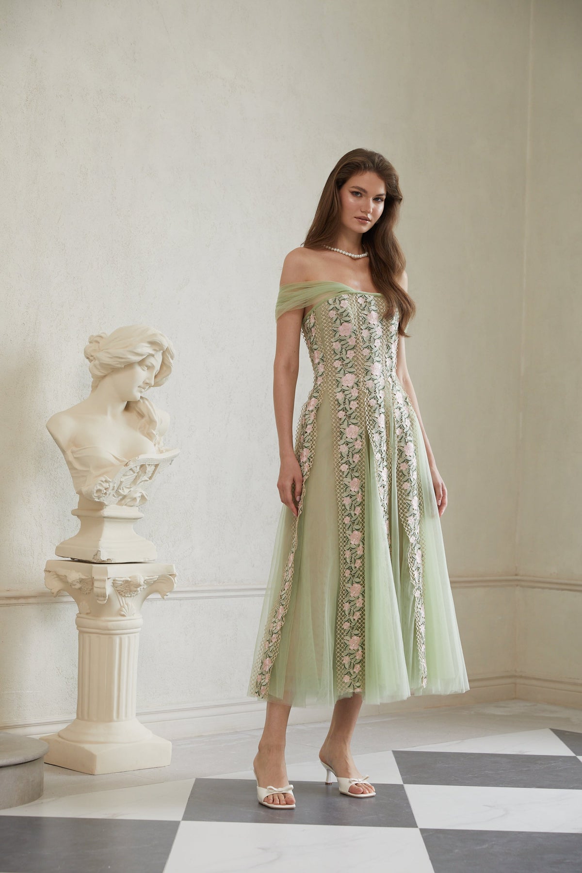 Eleni Green Tulle Panel Floral Midi Dress