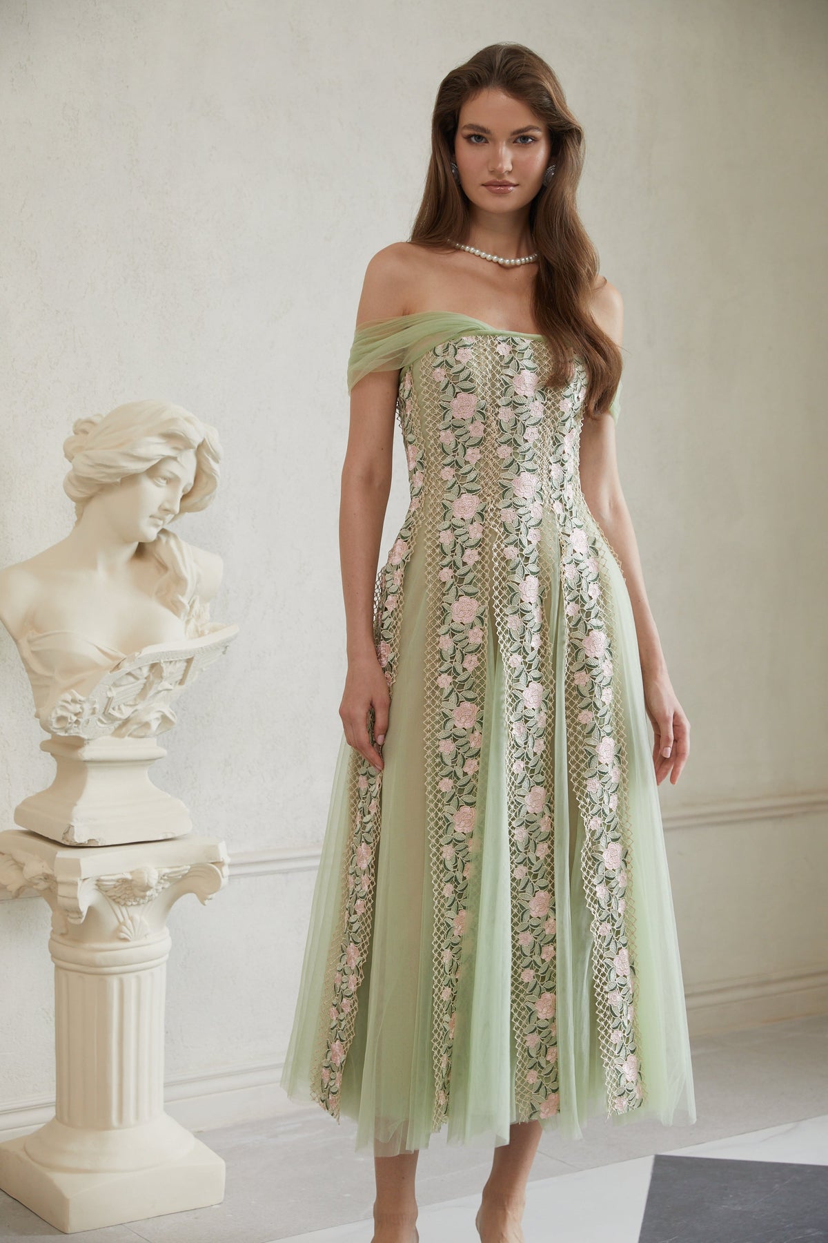 Eleni Green Tulle Panel Floral Midi Dress