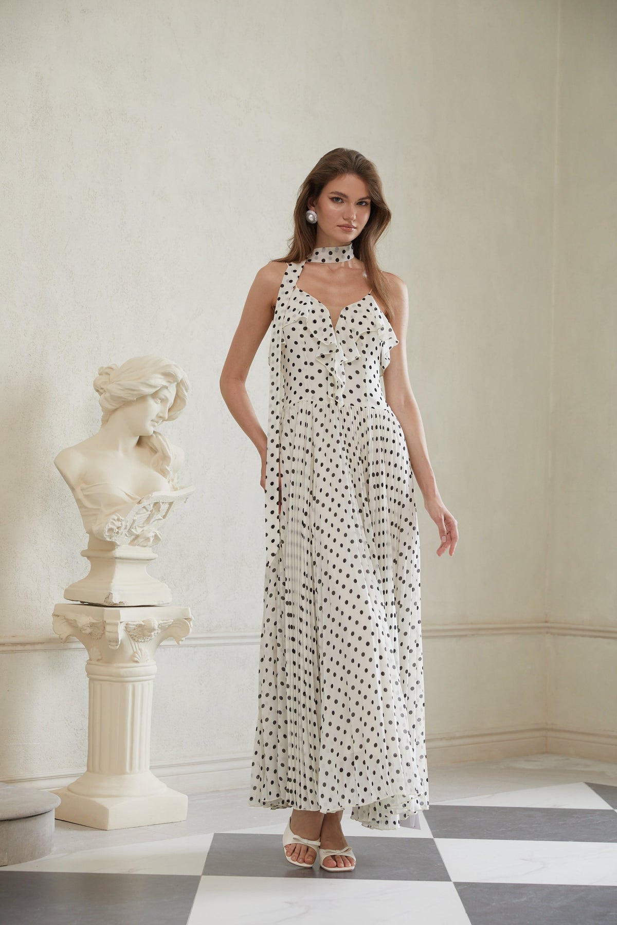 Persephone White Polka Dot Pleated Maxi Dress