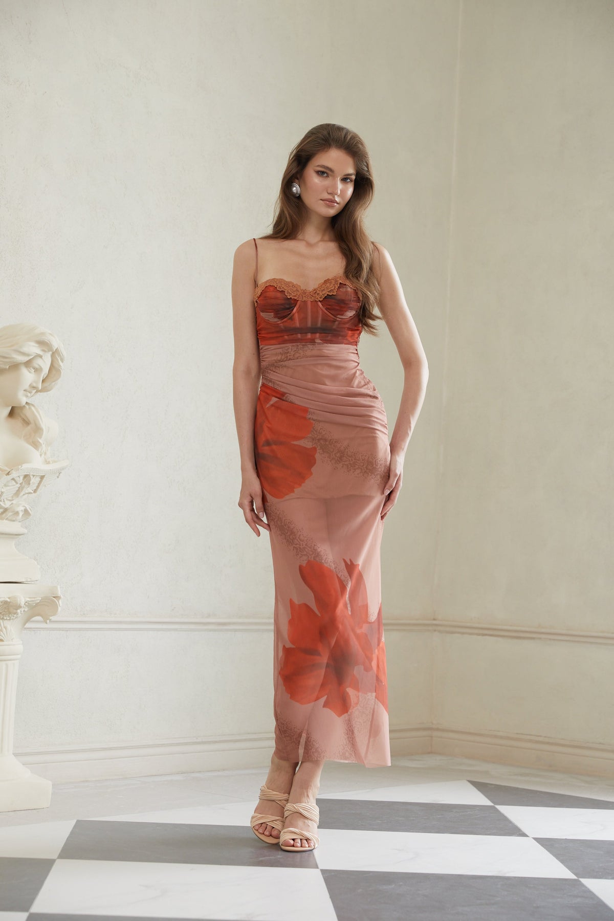 Églantine Brown Floral Print Mesh Maxi Dress