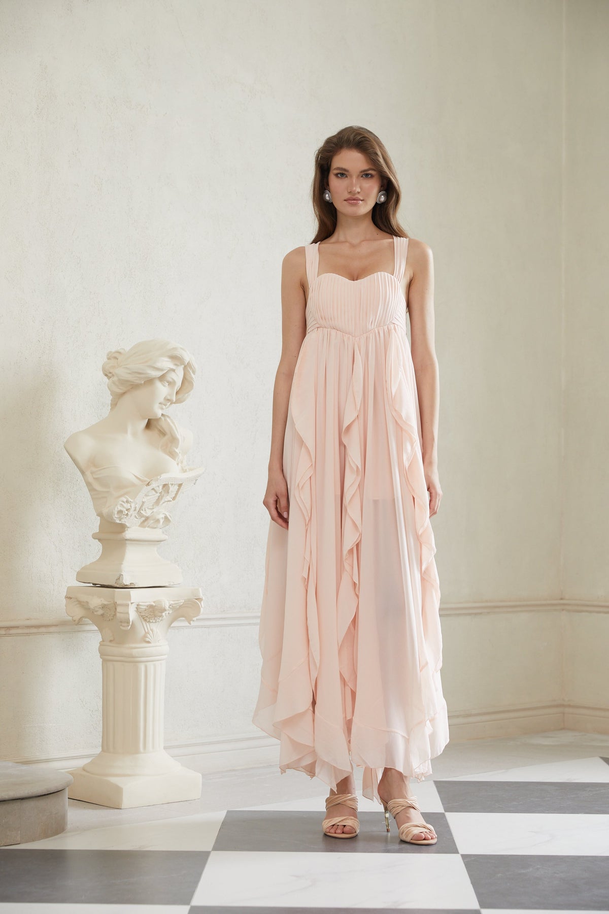 Eos Pink Ruffled Chiffon Maxi Dress