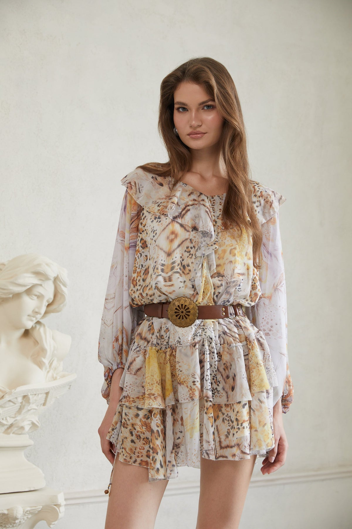 Faustine Grey Leopard Print Chiffon Mini Dress