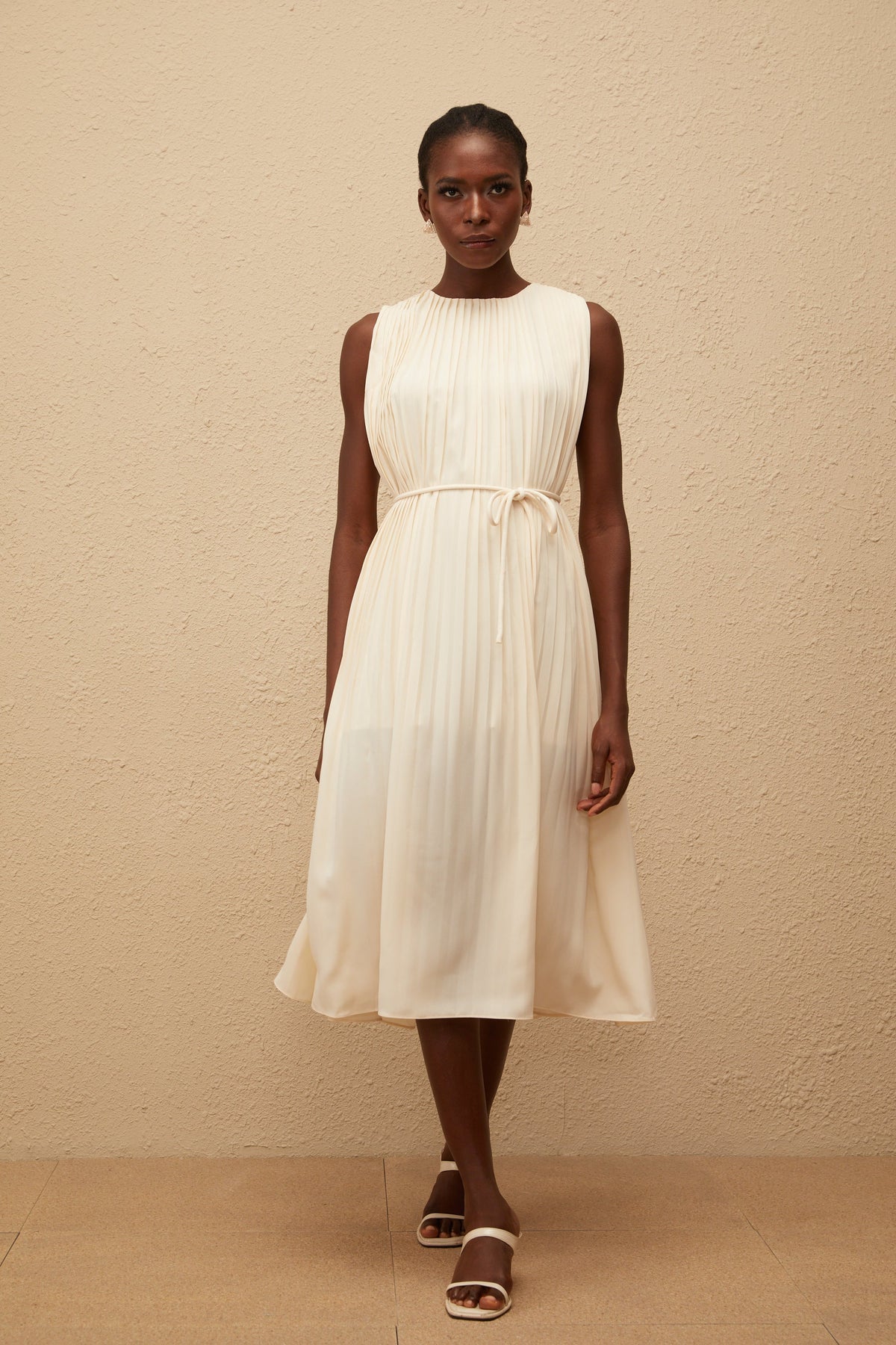 Célestine Neutral Sleeveless Pleated Midi Dress