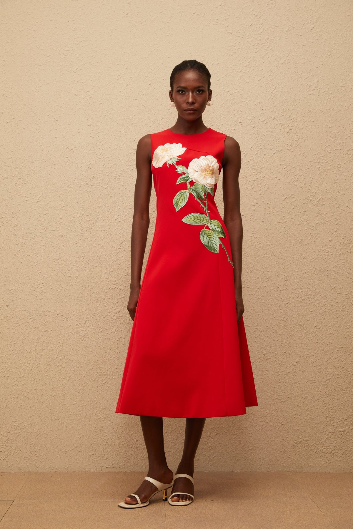 Mackenzie Red Floral Embroidered Midi Dress