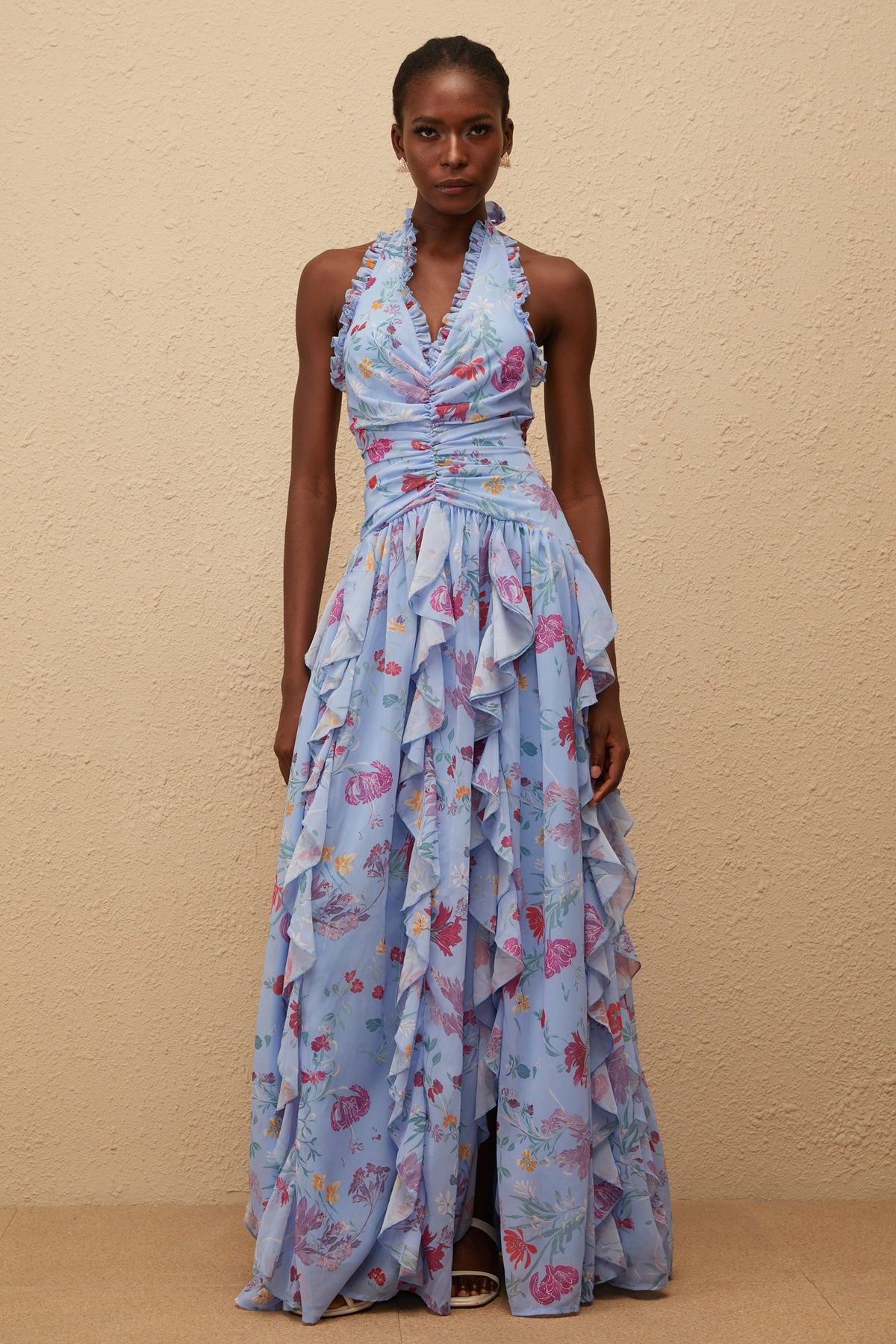 Thaïs Blue Ruffled Floral Print Maxi Dress
