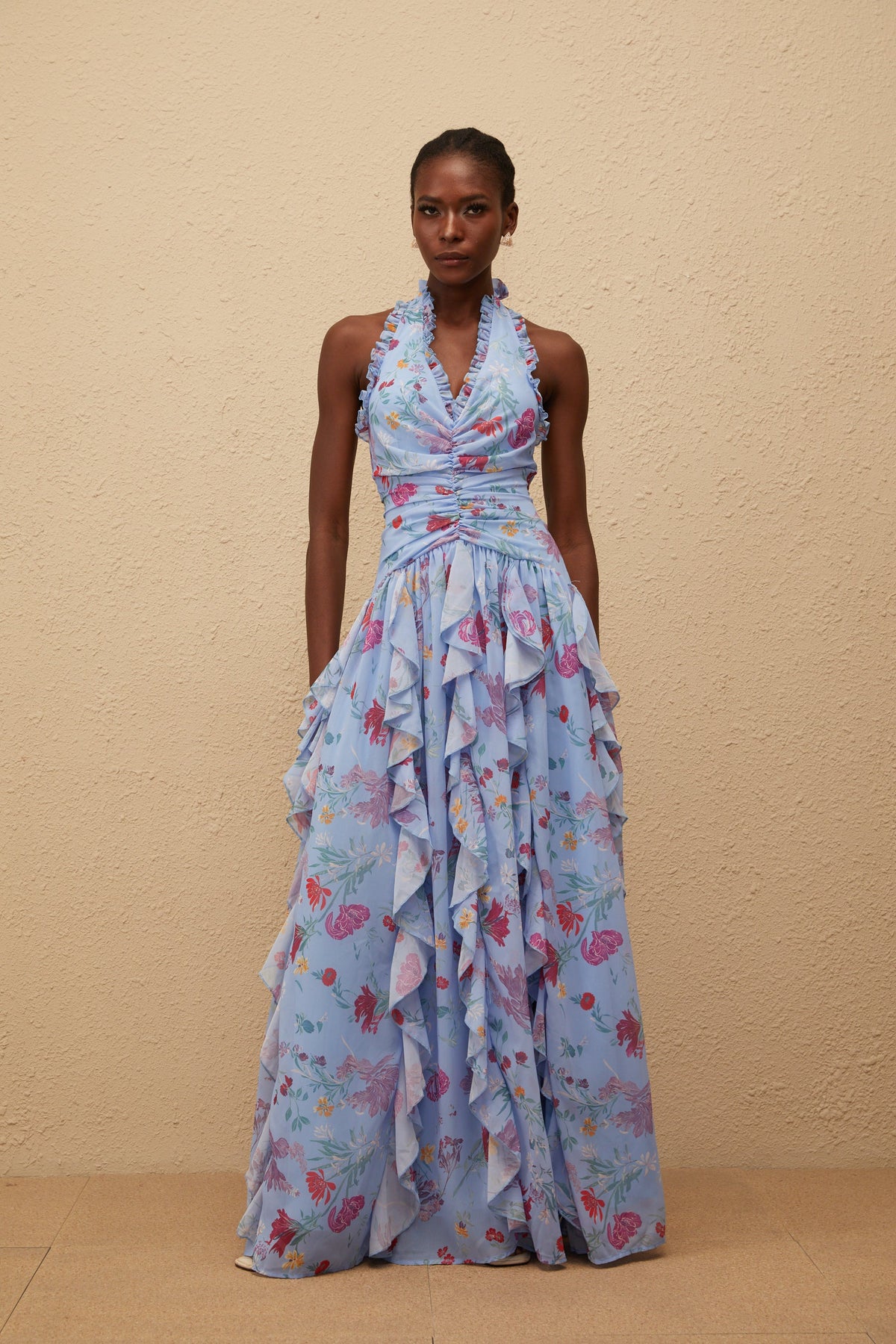 Thaïs Blue Ruffled Floral Print Maxi Dress (Final Sale-US Only)