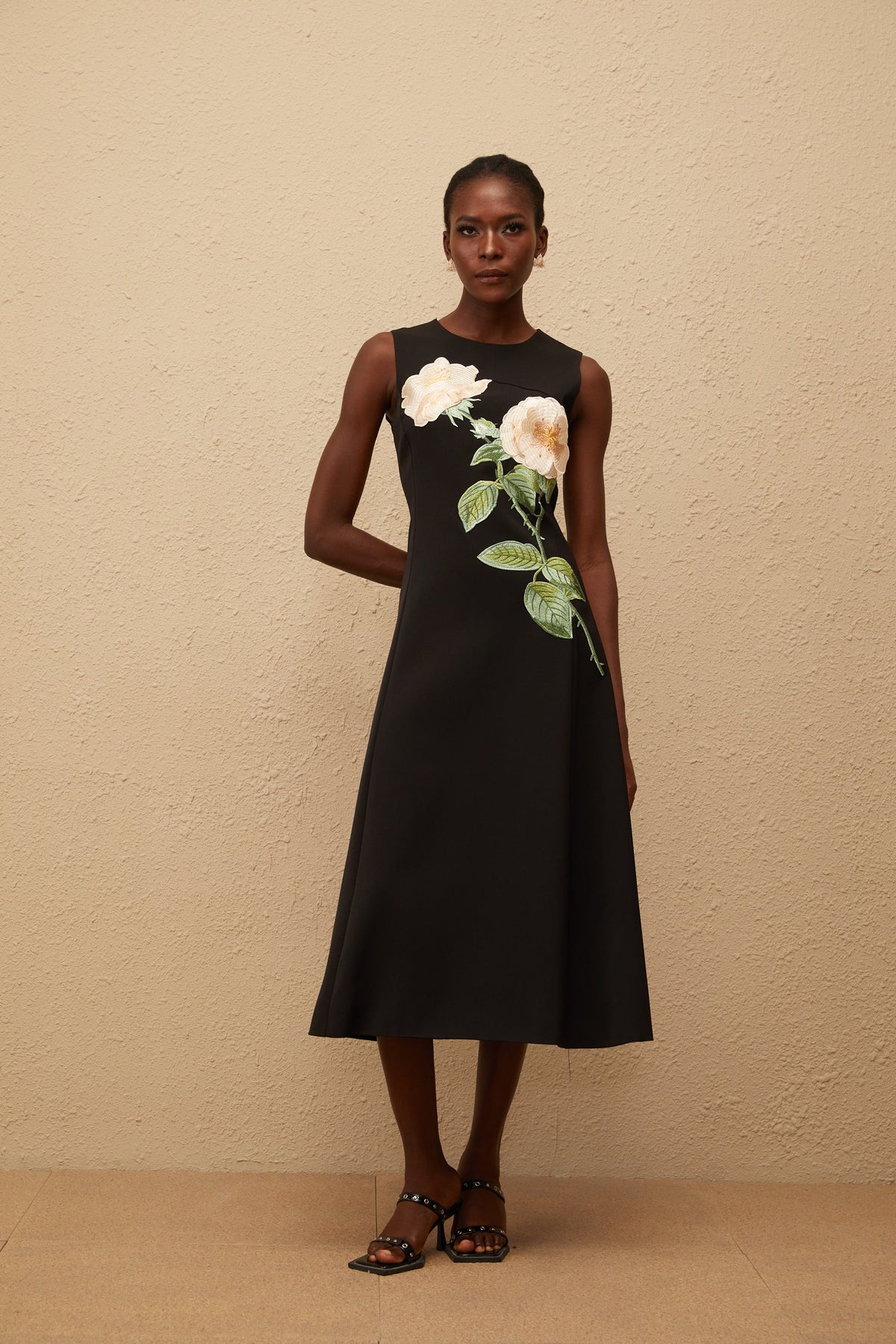 Mackenzie Black Floral Embroidered Midi Dress