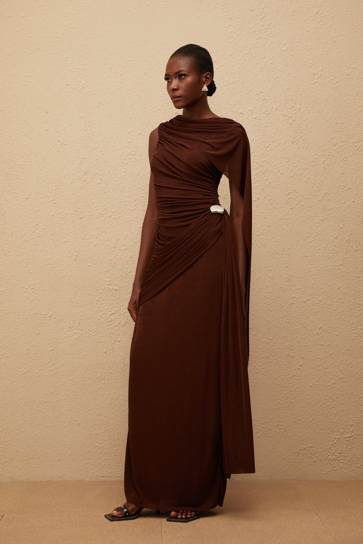 Paloma Brown Sleeveless Asymmetrical Ruched Knit Maxi Dress (Final Sale)