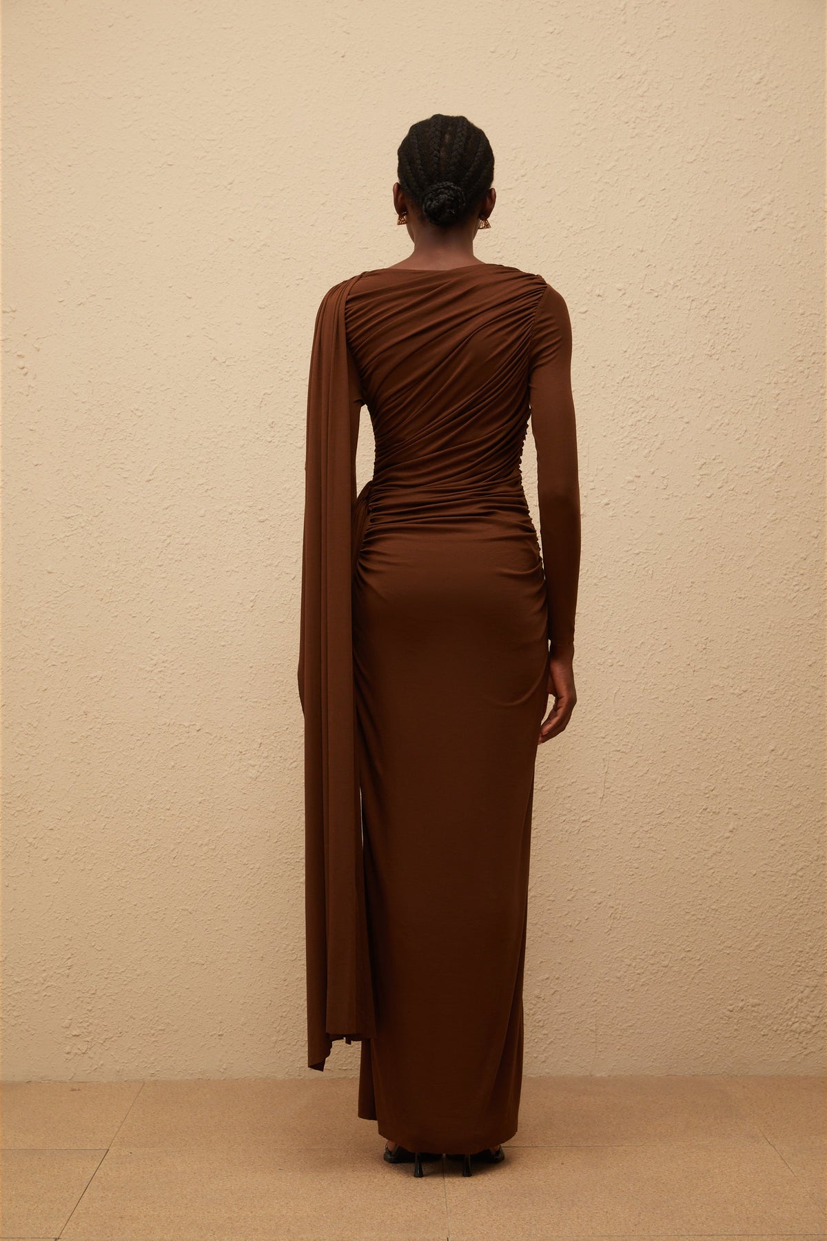 Paloma Brown Asymmetrical Ruched Knit Maxi Dress