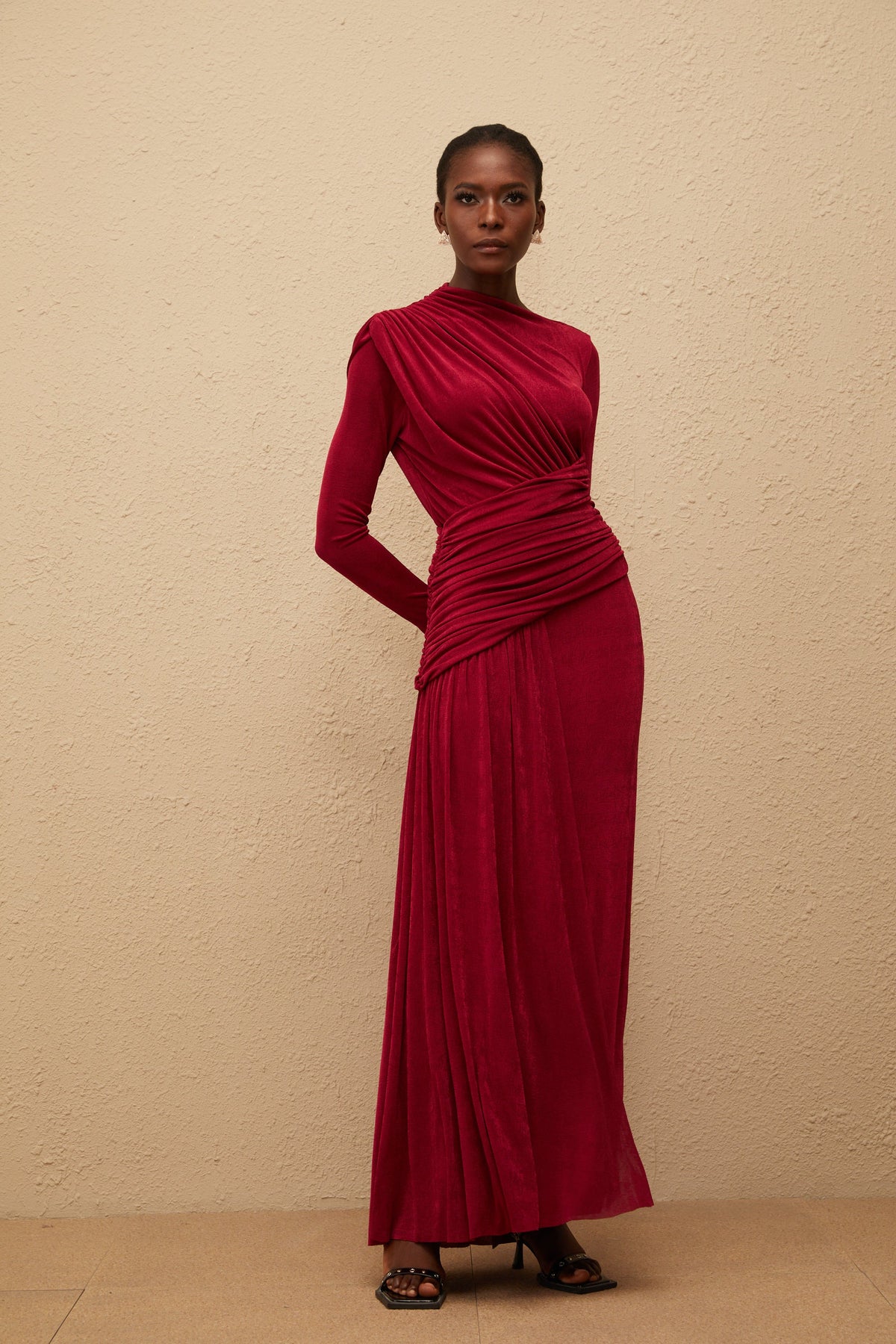 Charme Red Ruched Maxi Dress