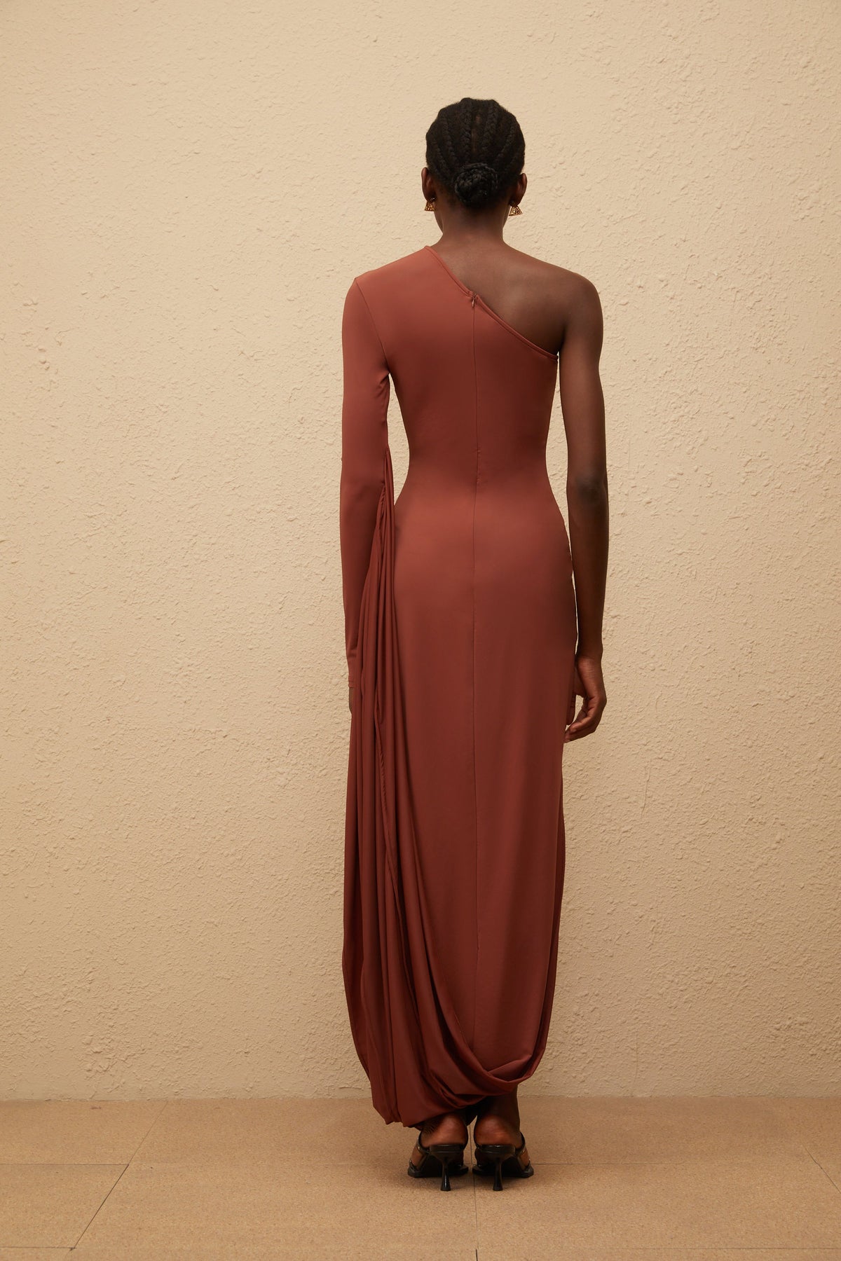 Aikaterini Brown Asymmetrical Draped Panel Midi Dress