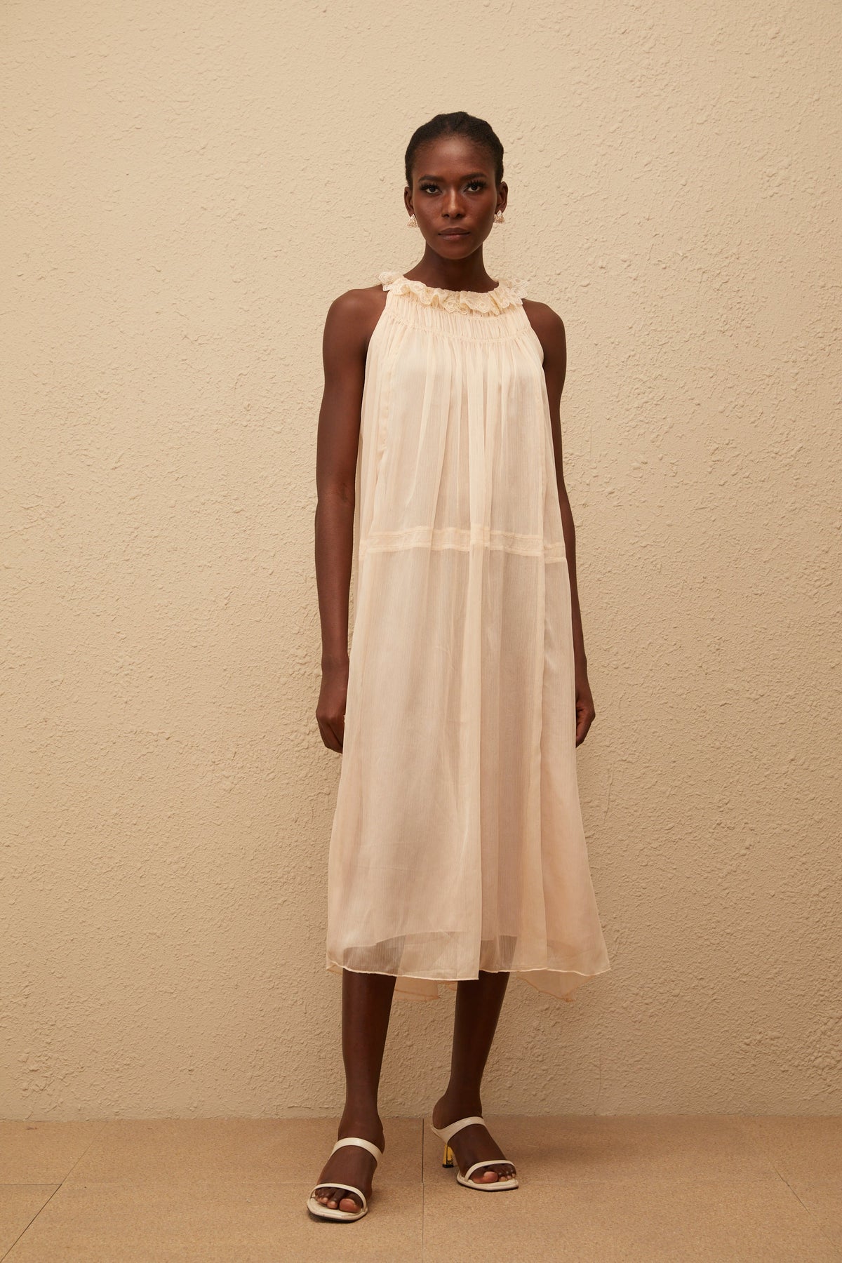 Orélie Neutral Pleated Chiffon Midi Dress