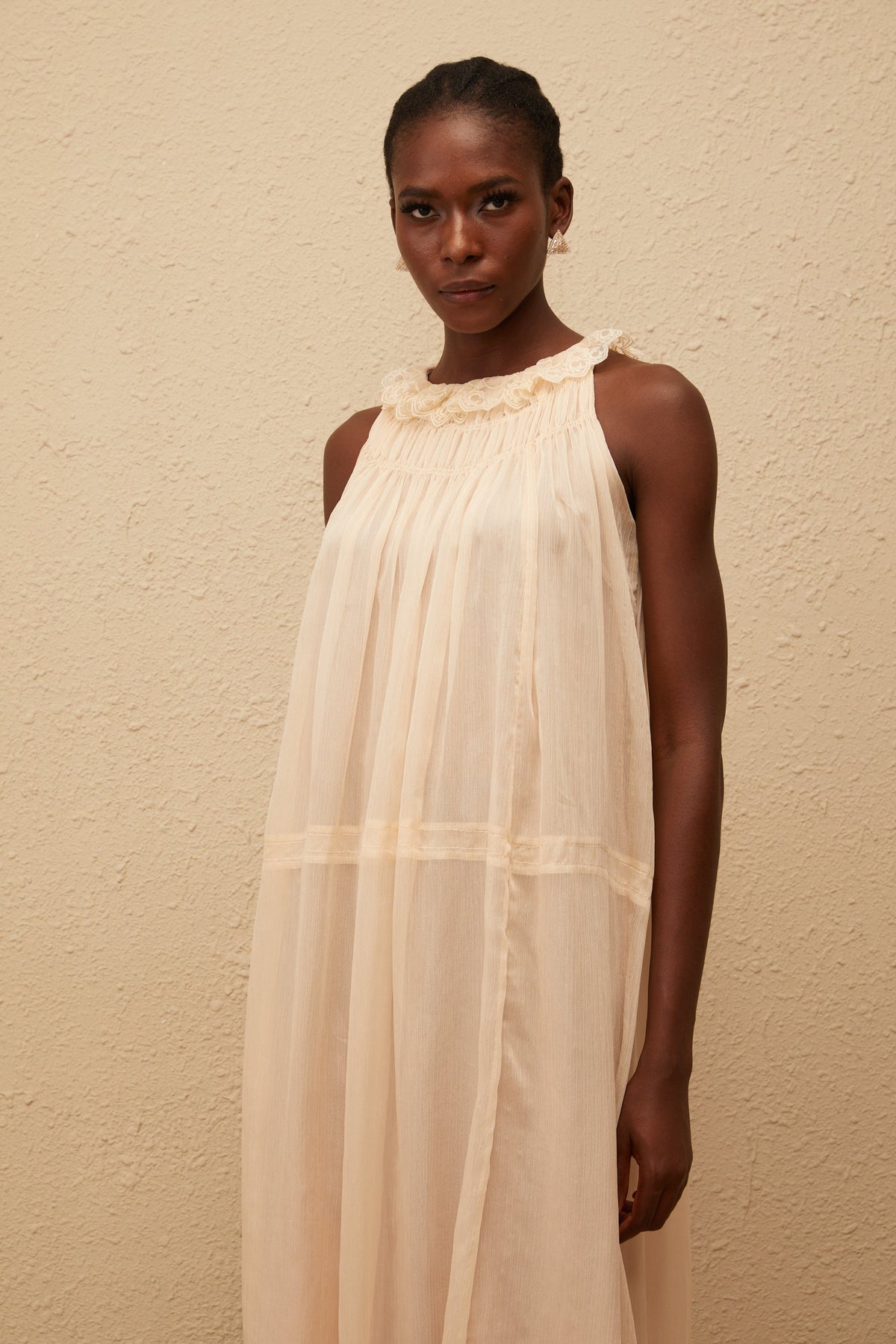 Orélie Neutral Pleated Chiffon Midi Dress