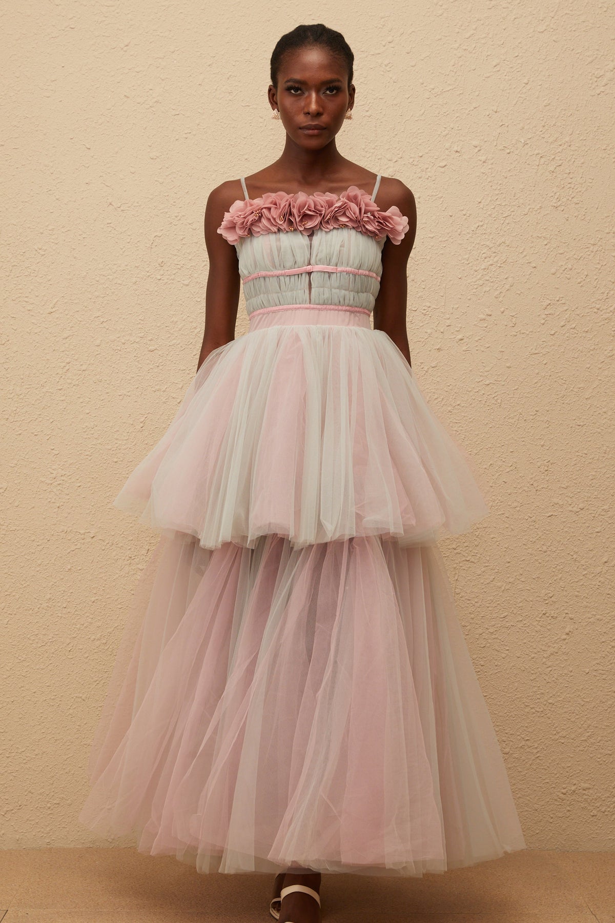 Hermione Grey 3D Petal Tulle Maxi Dress (Final Sale-US Only)
