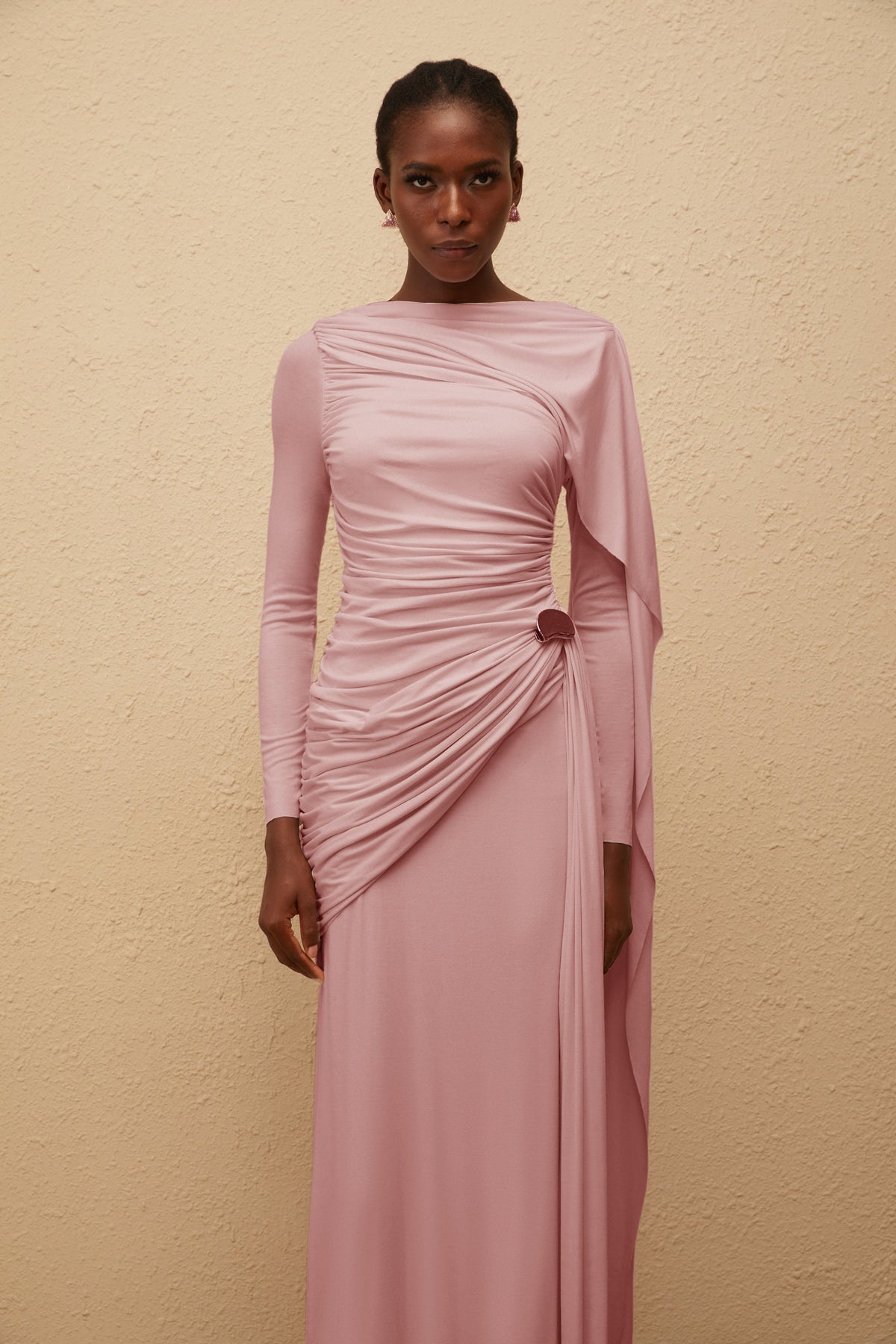 Paloma Pink Asymmetrical Ruched Knit Maxi Dress (Final Sale-US Only)