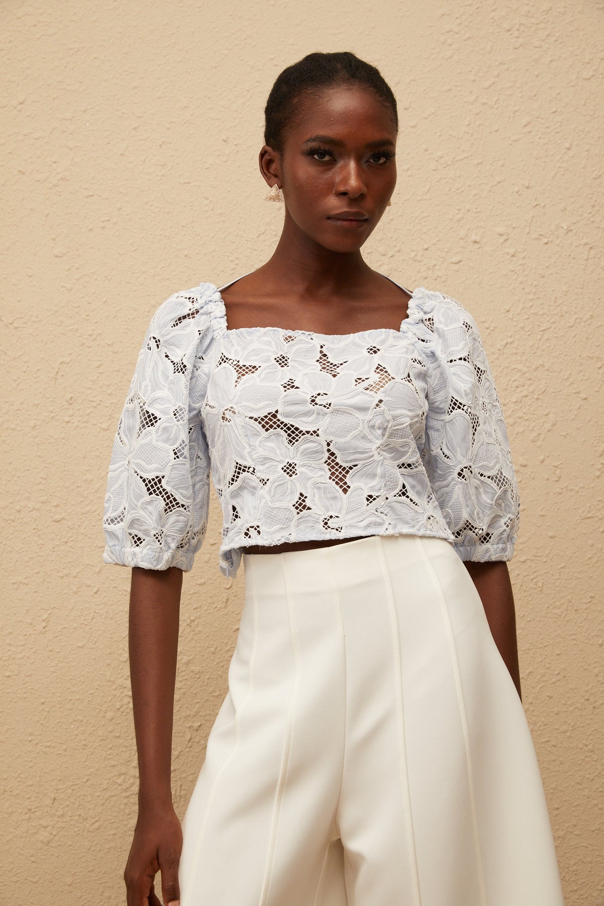 Kirsti Blue Crochet Floral Jacquard Crop Top