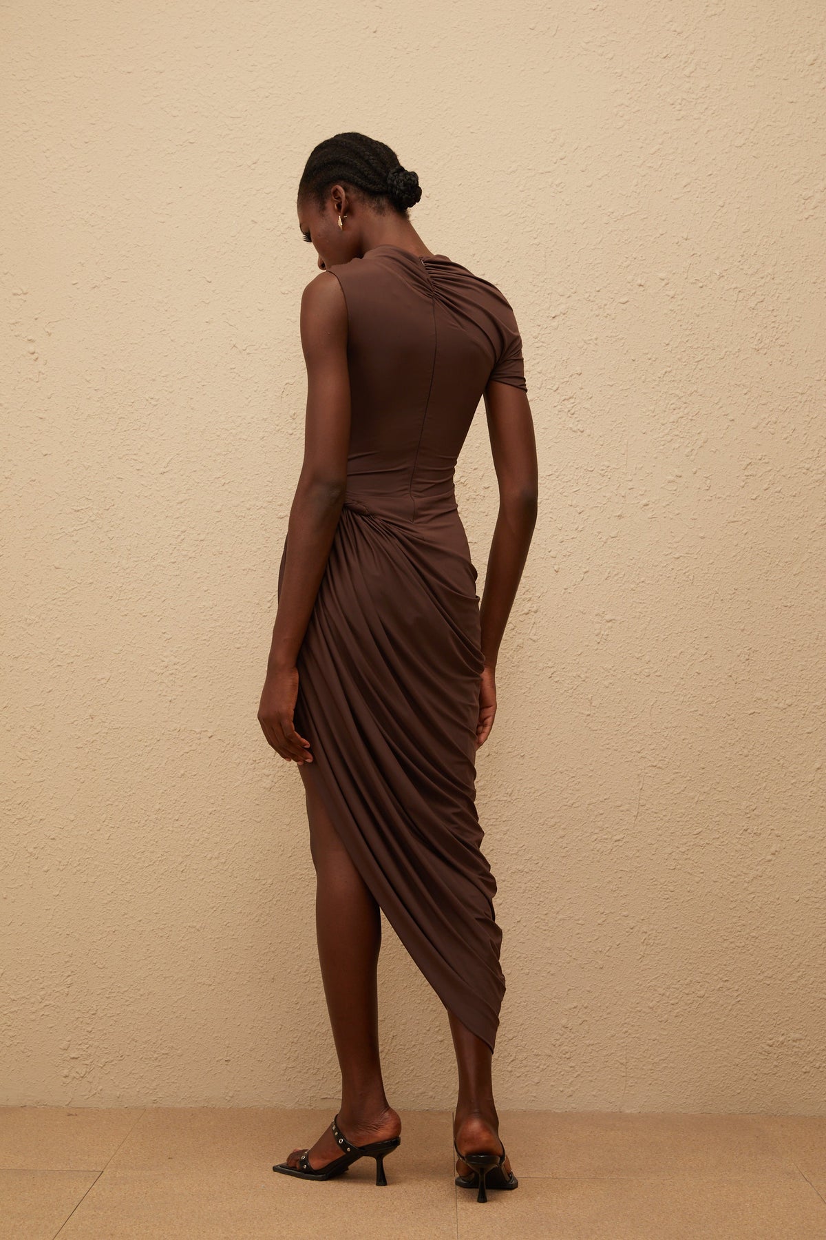 Prune Brown Night Out Asymmetrical Ruched Midi Dress (Final Sale-US Only)