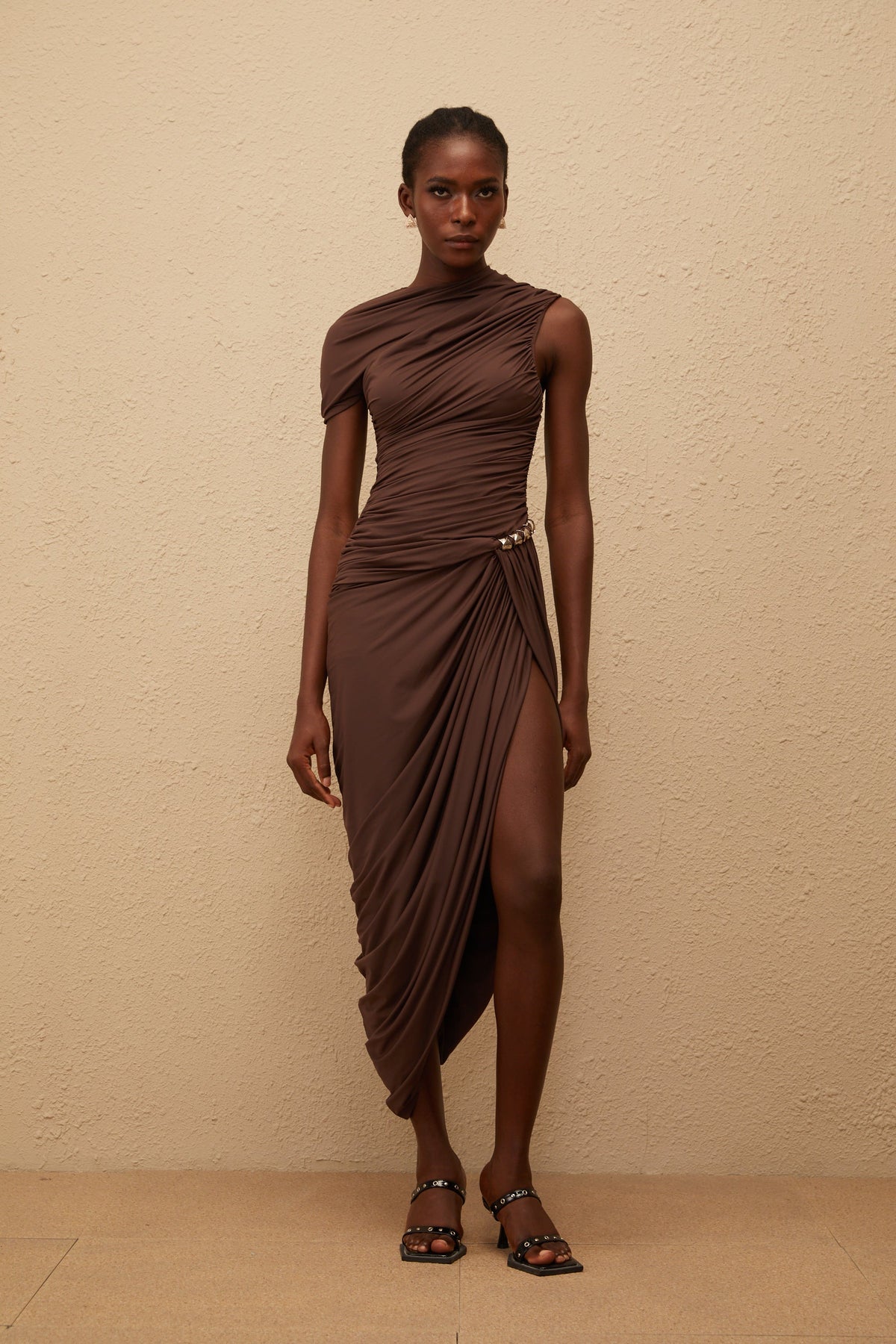 Prune Brown Night Out Asymmetrical Ruched Midi Dress (Final Sale-US Only)
