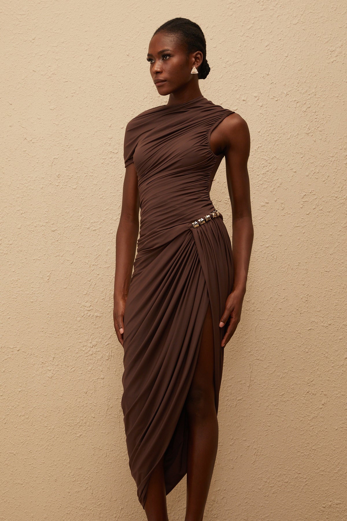 Prune Brown Night Out Asymmetrical Ruched Midi Dress (Final Sale-US Only)