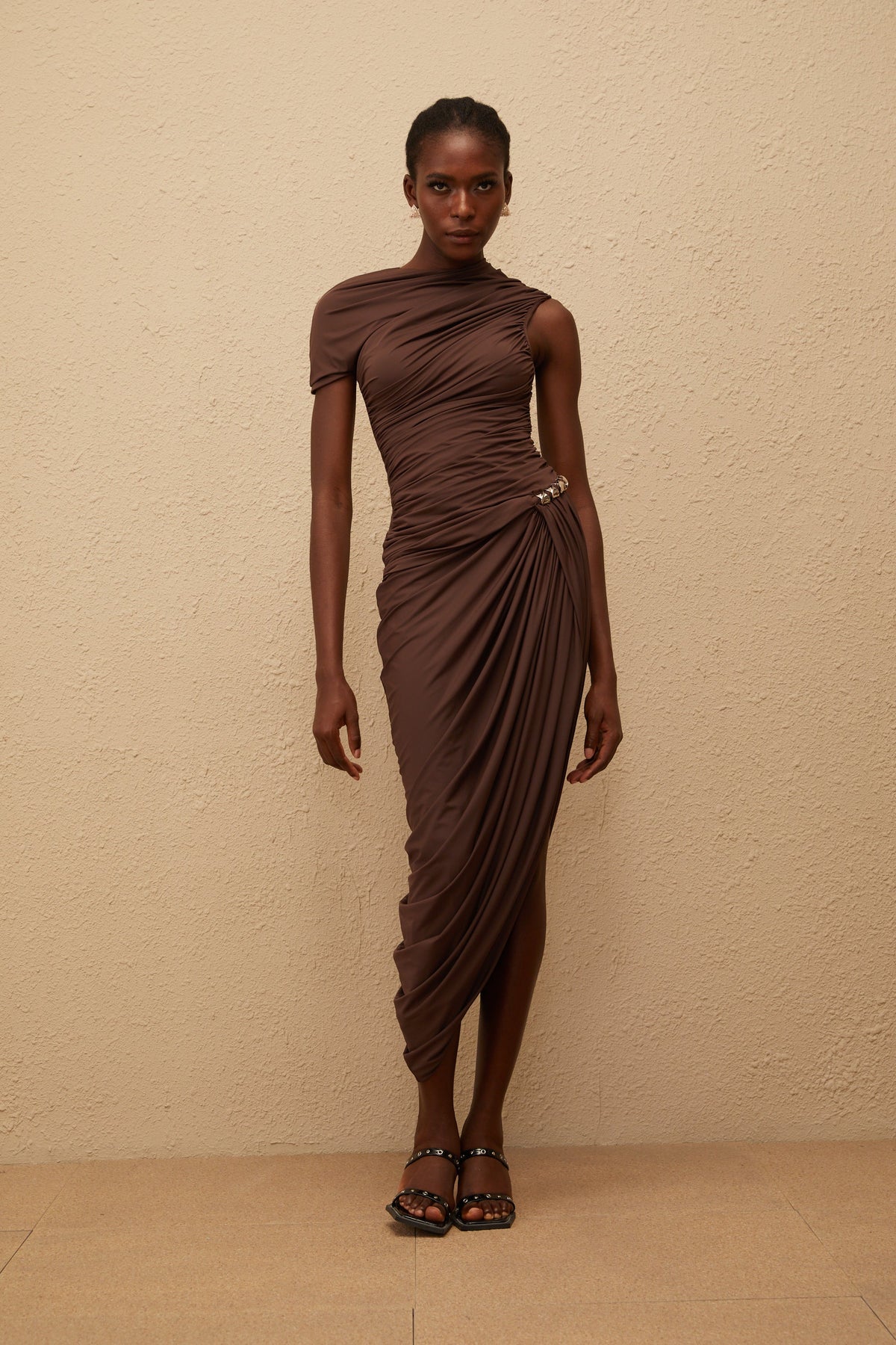 Prune Brown Night Out Asymmetrical Ruched Midi Dress (Final Sale-US Only)