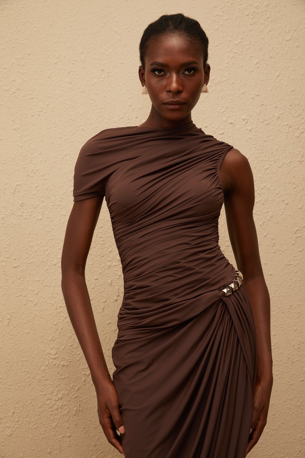 Prune Brown Night Out Asymmetrical Ruched Midi Dress