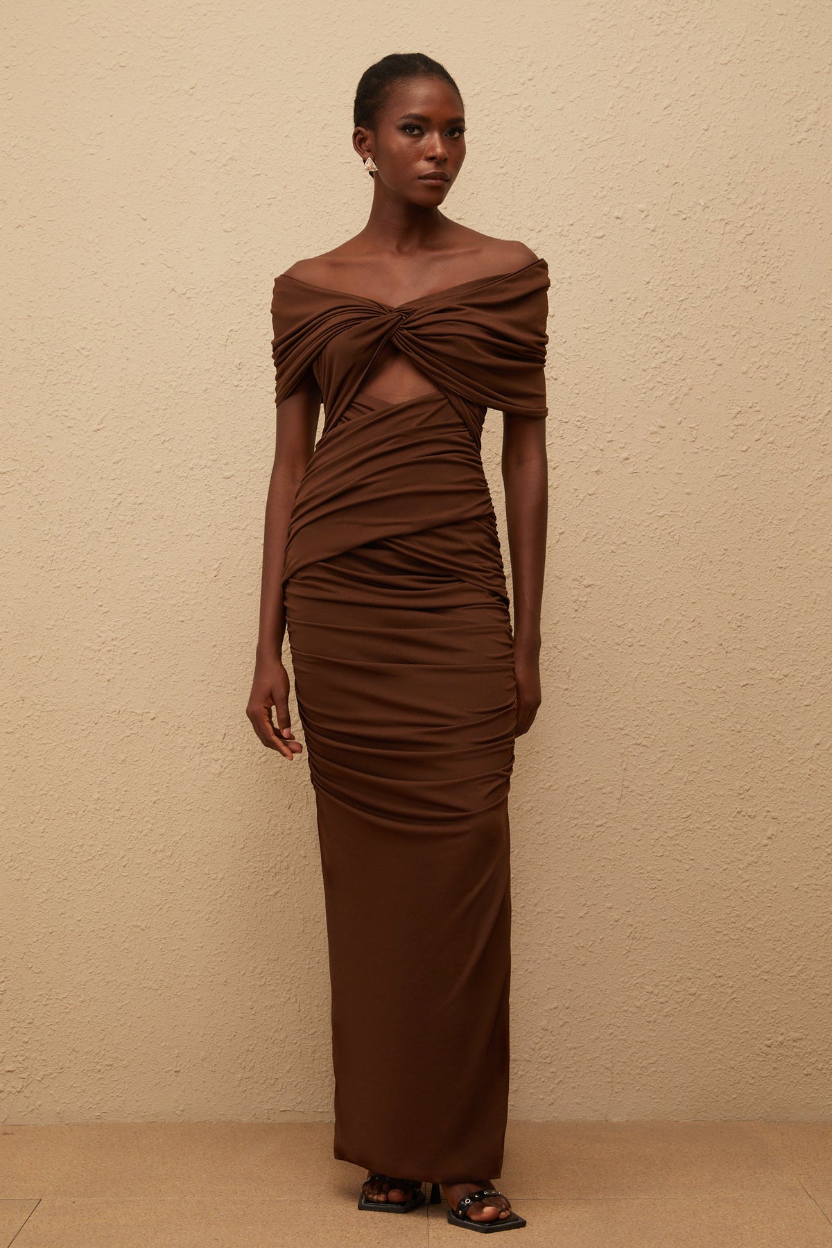 Liliane Brown Ruched Knit Maxi Dress