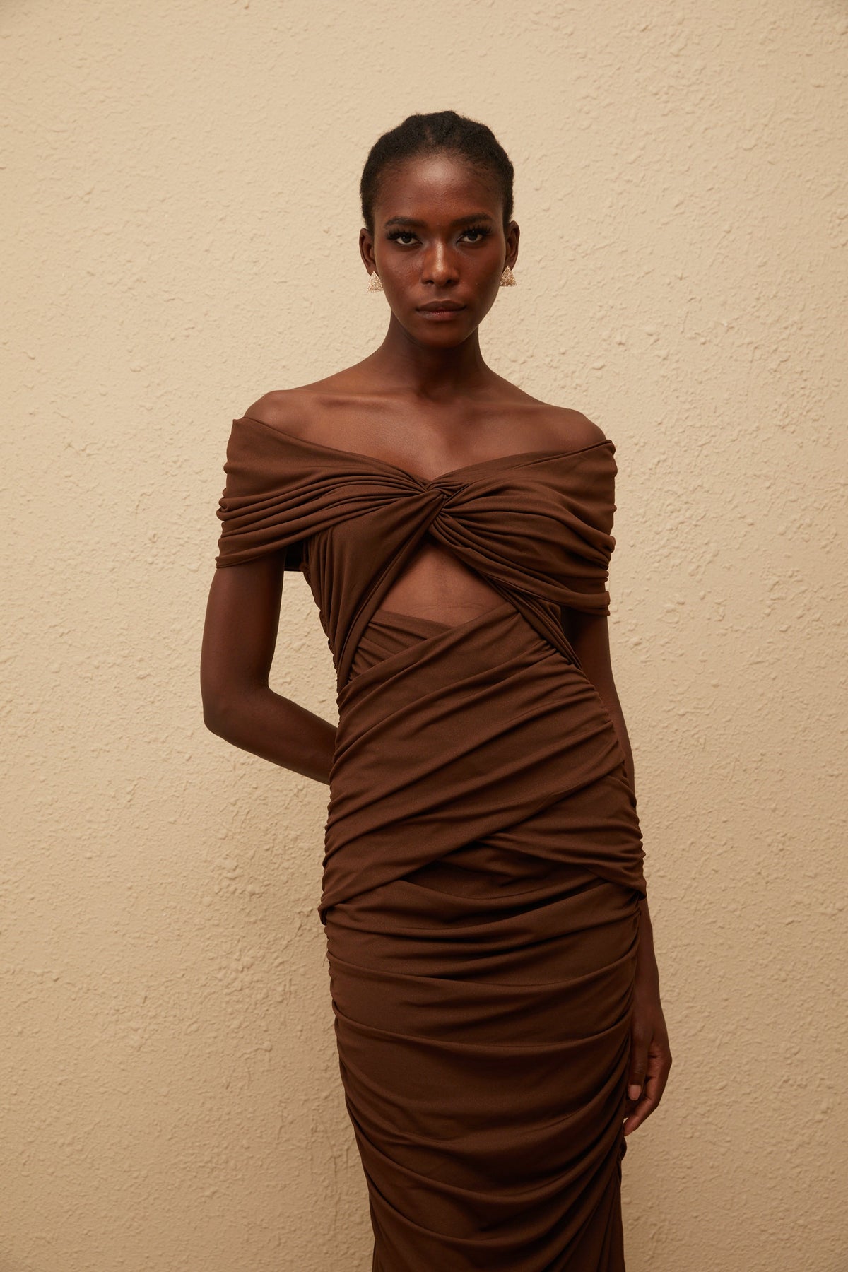 Liliane Brown Ruched Knit Maxi Dress