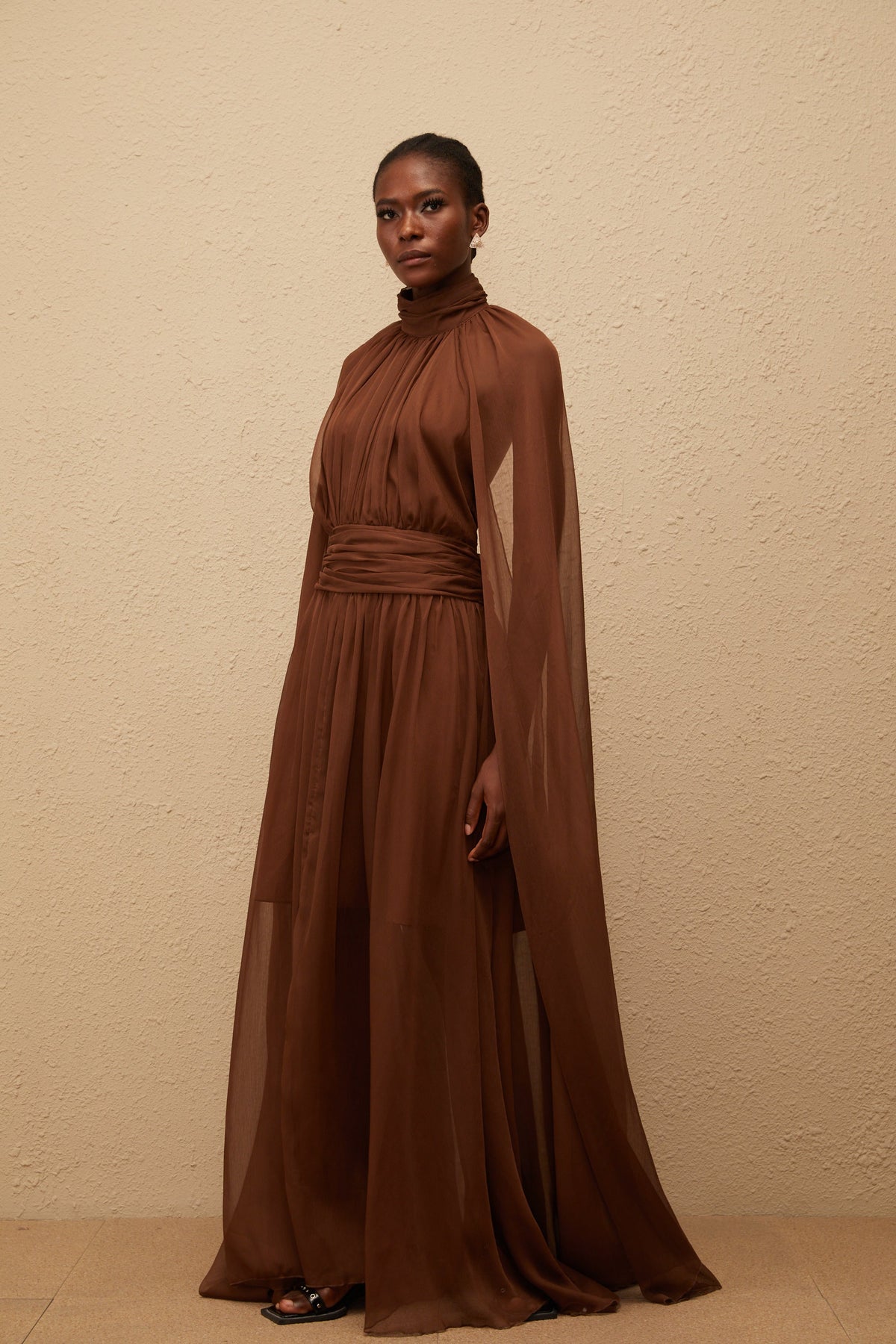 Coralie Brown Cape Design Pleated Tulle Gown