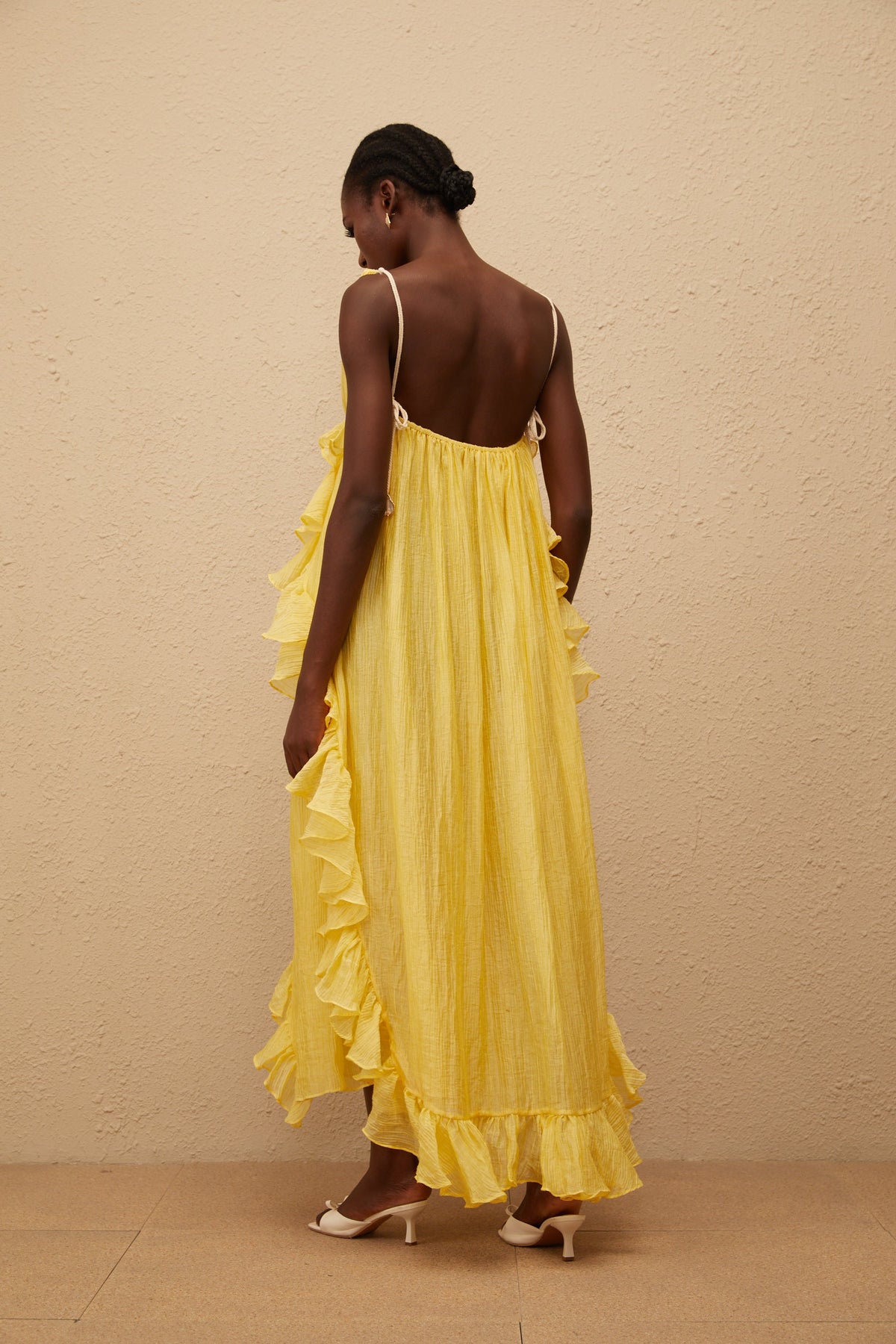 Estelle Yellow Crinkled Ruffled Maxi Dress