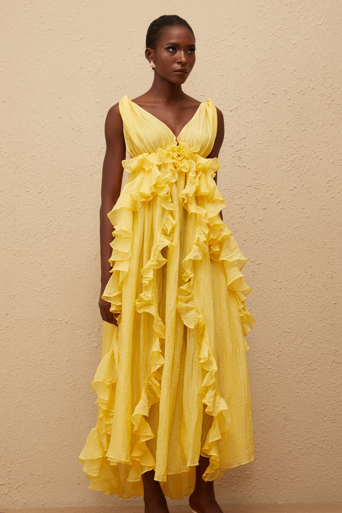 Estelle Yellow Crinkled Ruffled Maxi Dress