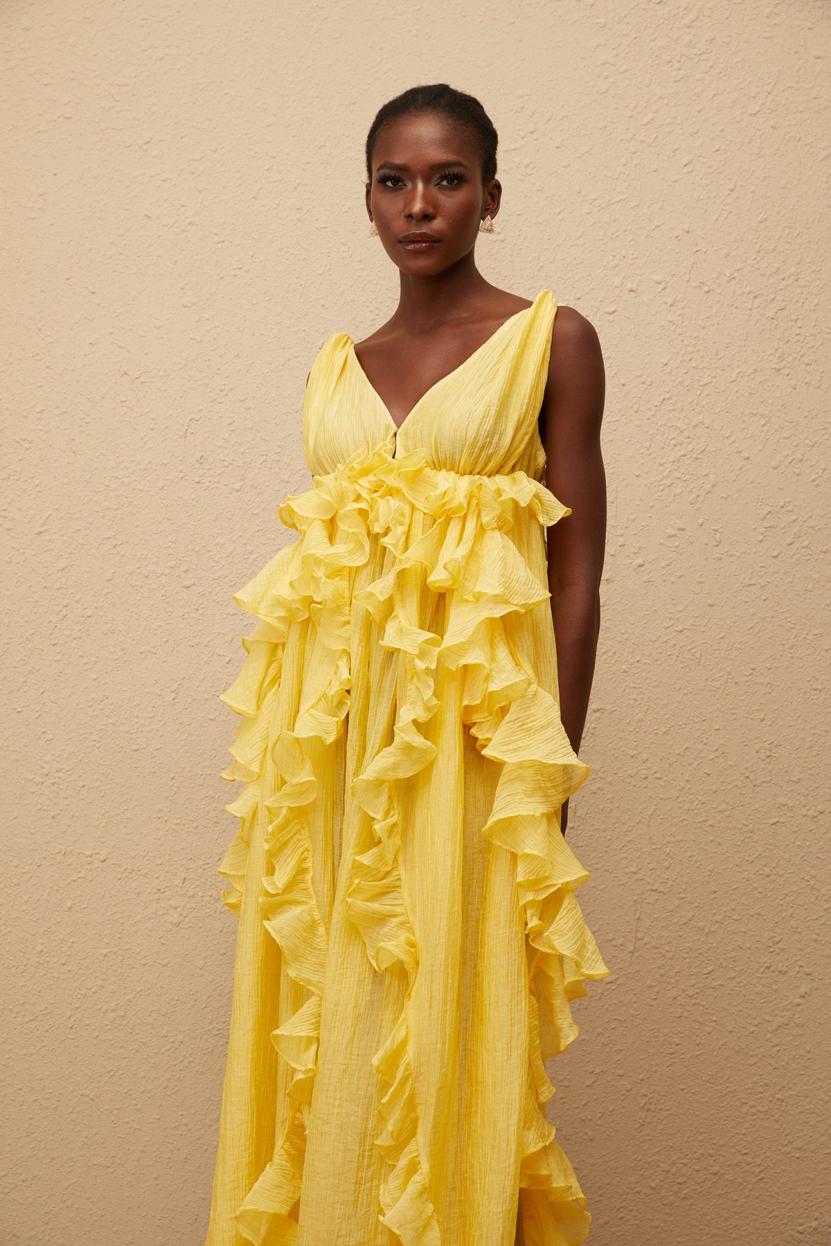 Estelle Yellow Crinkled Ruffled Maxi Dress