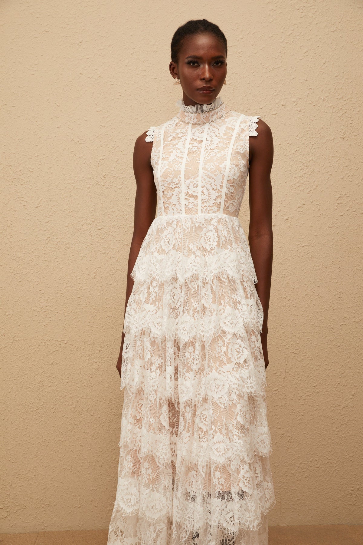 Thérèse White Embellished Floral Lace Tiered Maxi Dress