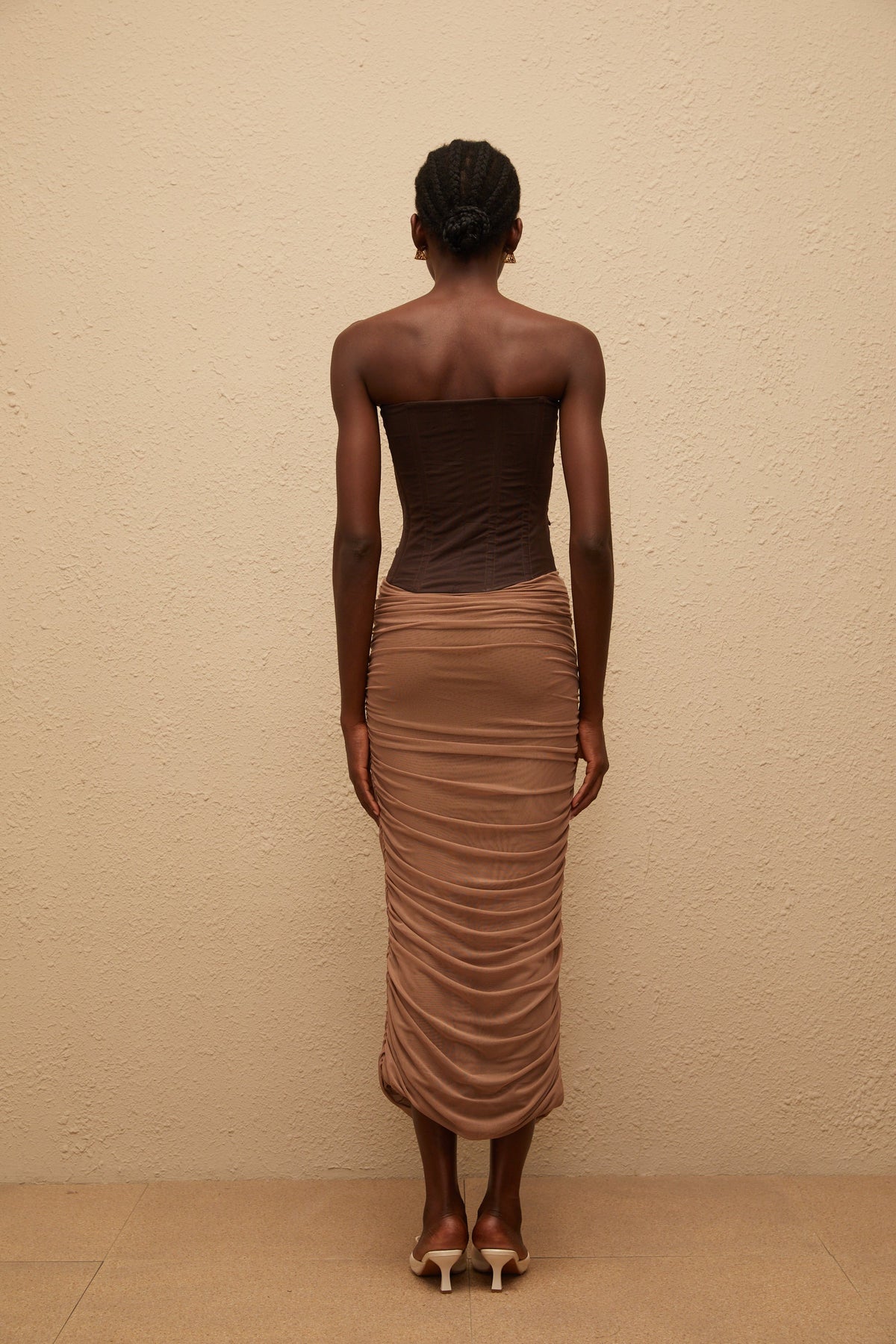 Paisley Brown Panelled Draped Mesh Midi Dress