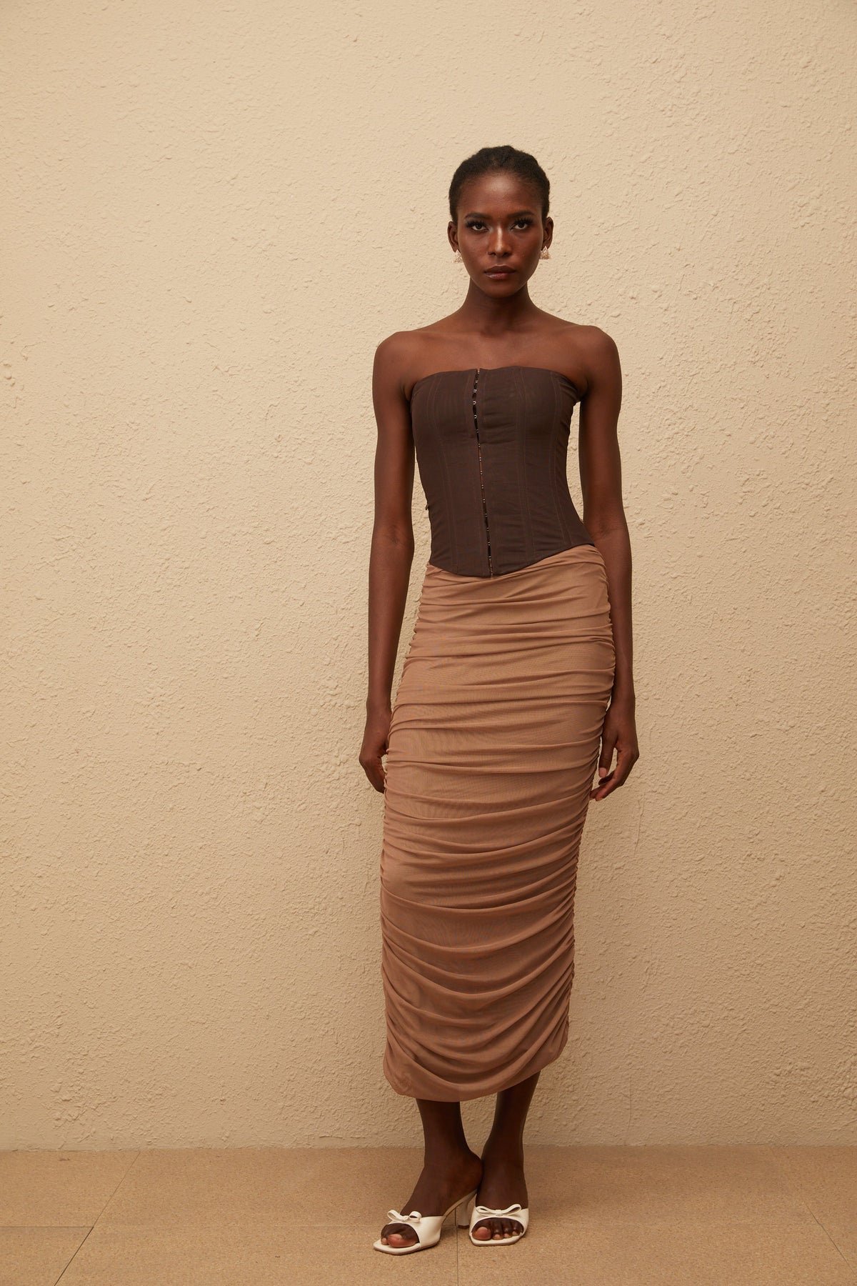 Paisley Brown Panelled Draped Mesh Midi Dress