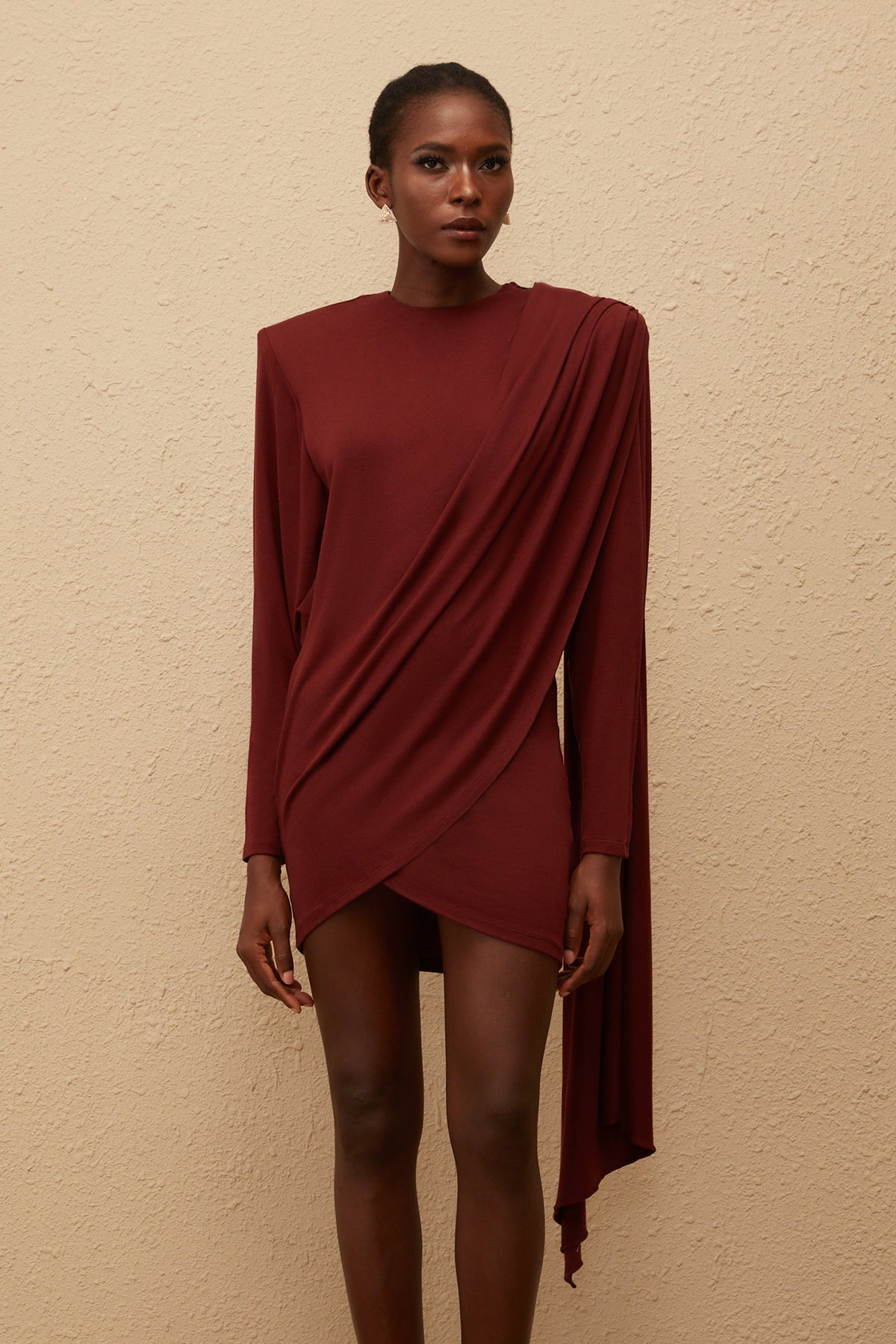Garance Maroon Asymmetrical Knit Mini Dress