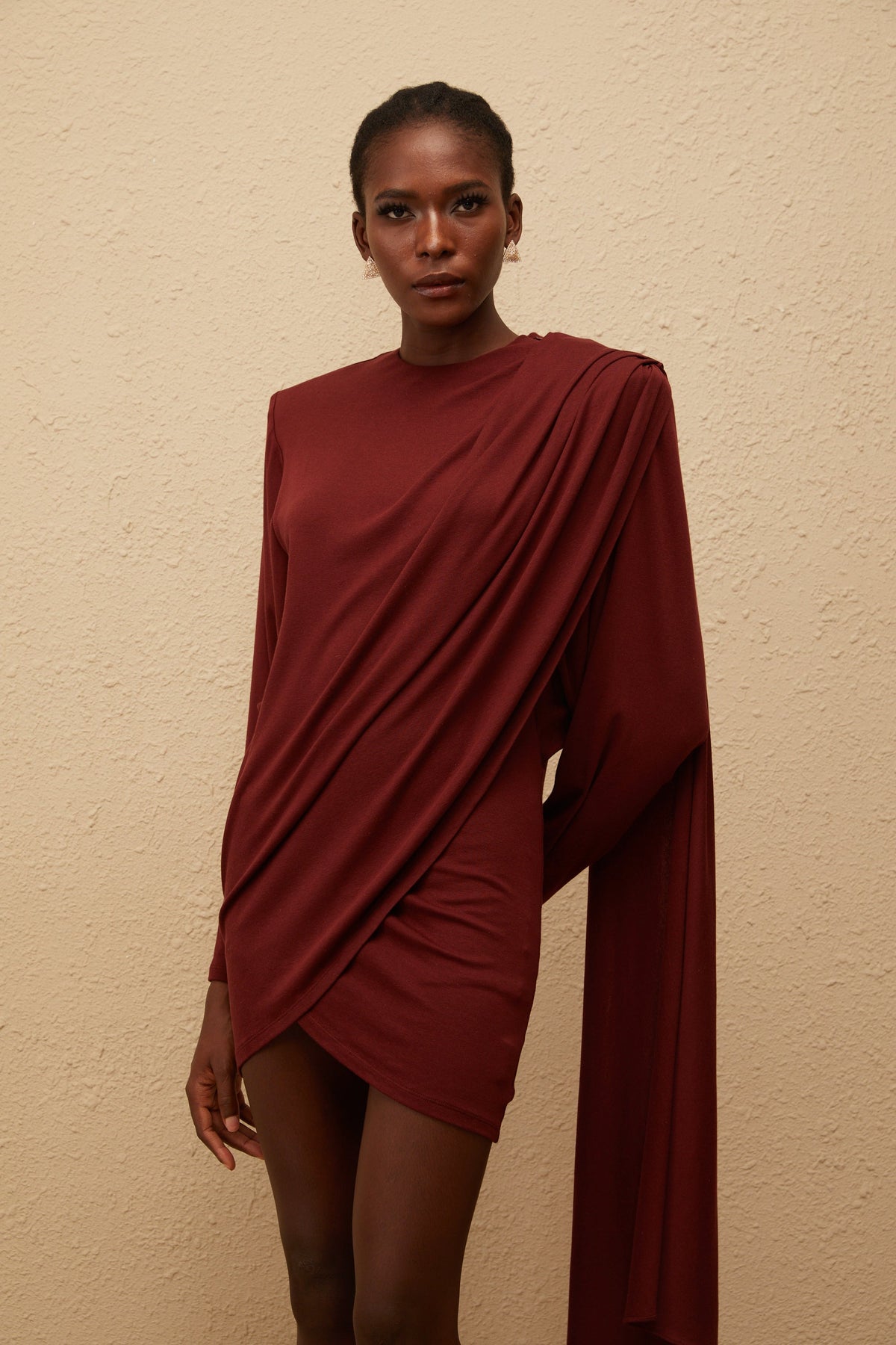 Garance Maroon Asymmetrical Knit Mini Dress