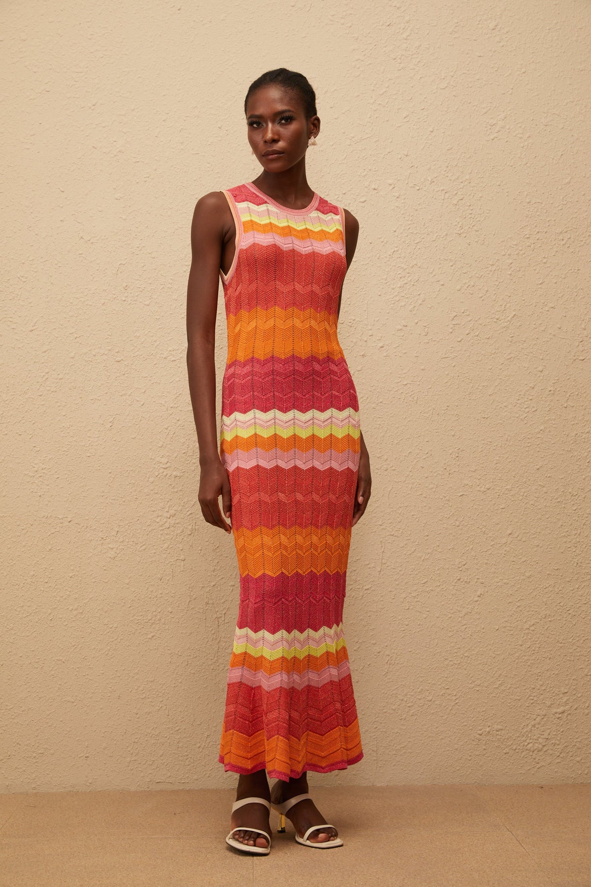 Nadège Coral Pink Wavy Knit Maxi Dress