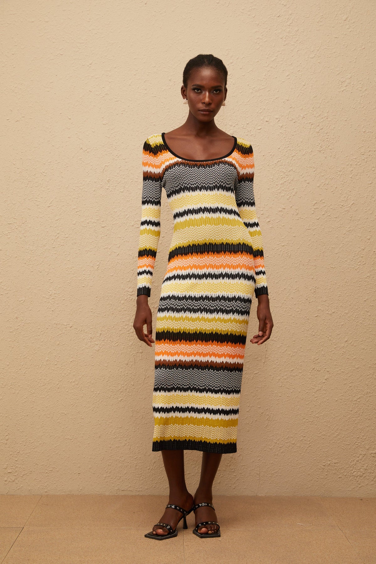 Frédérique Yellow Zigzag Woven Knit Midi Dress